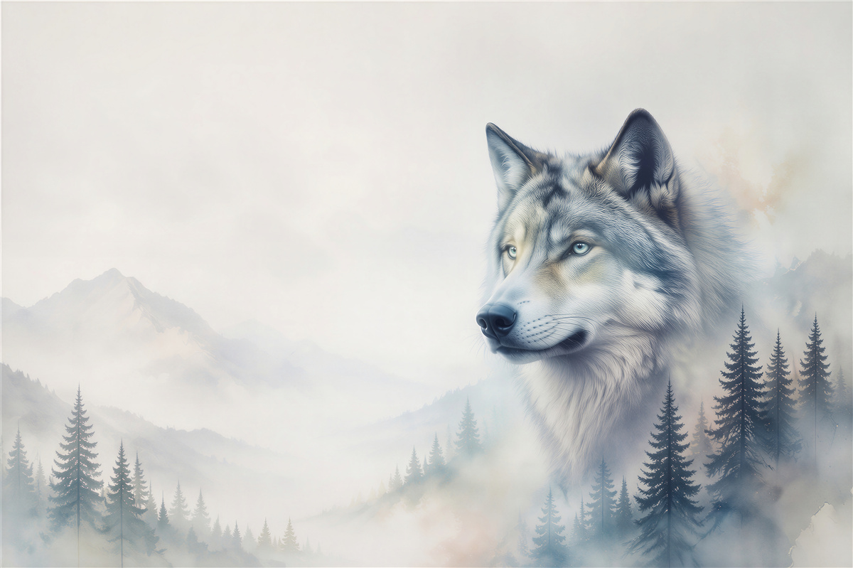 Fotobehang wolf in bergnevel met bos in koele grijstinten