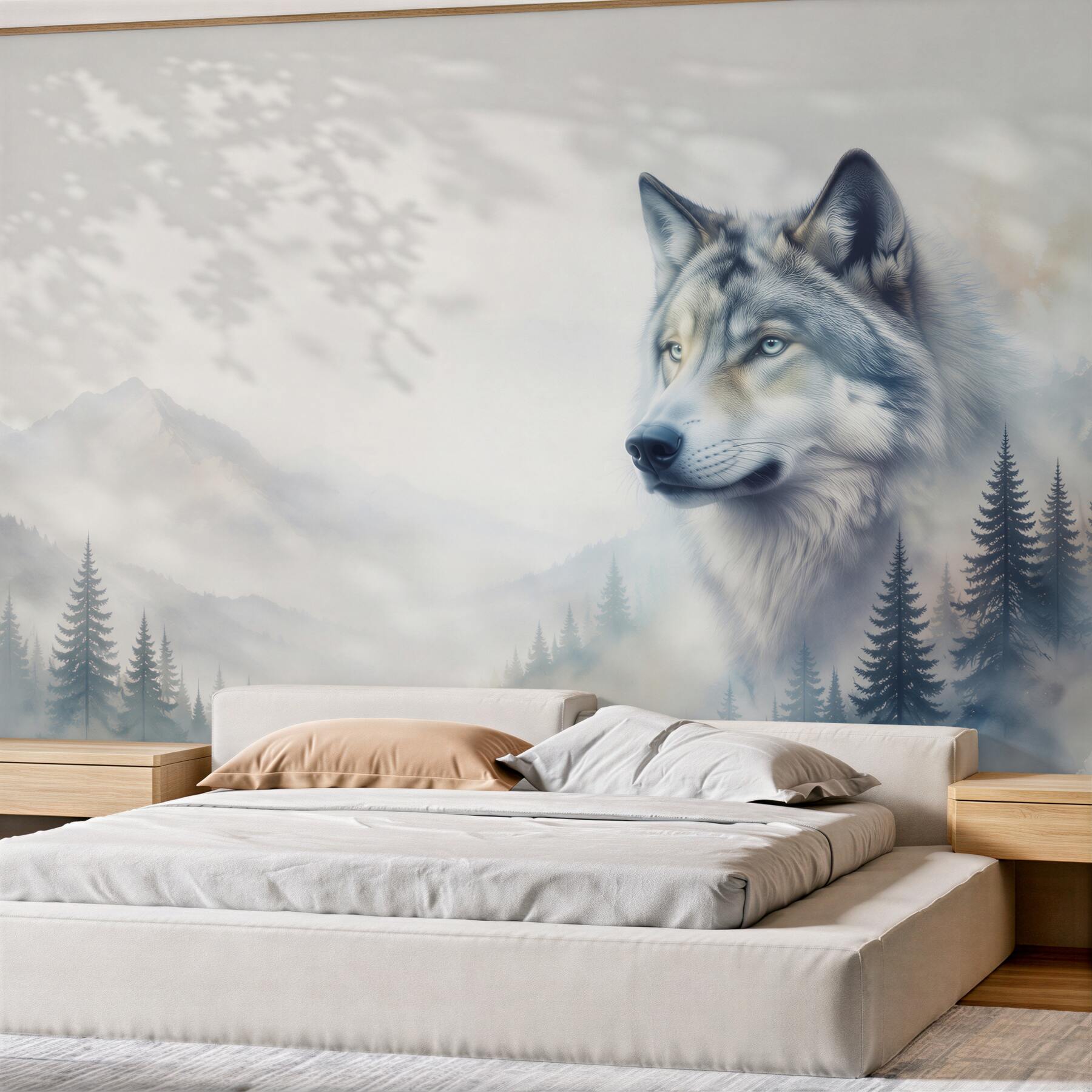 Fotobehang wolf in bergnevel met bos in koele grijstinten