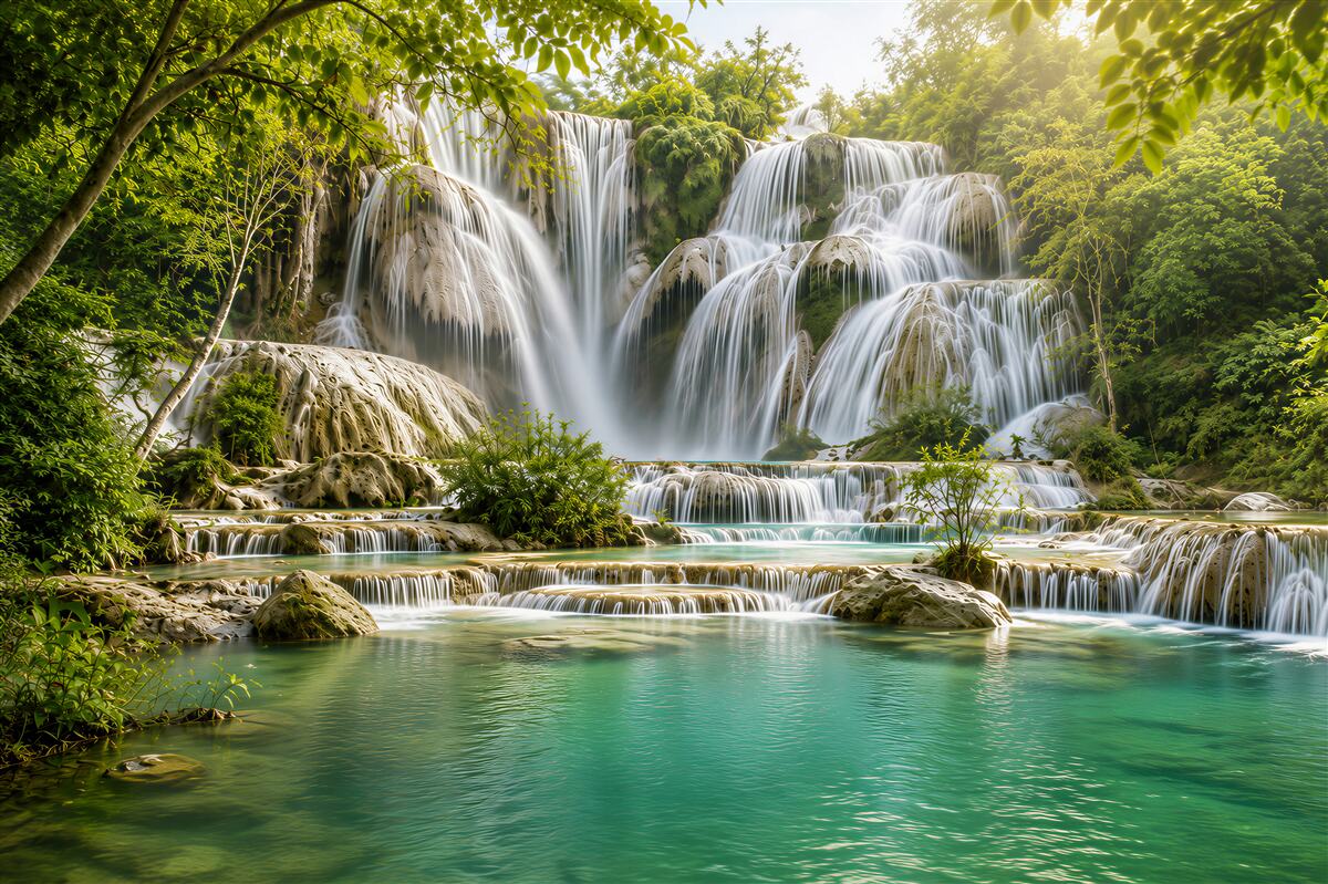 Fotobehang waterval in de groene jungle met turquoise lagune