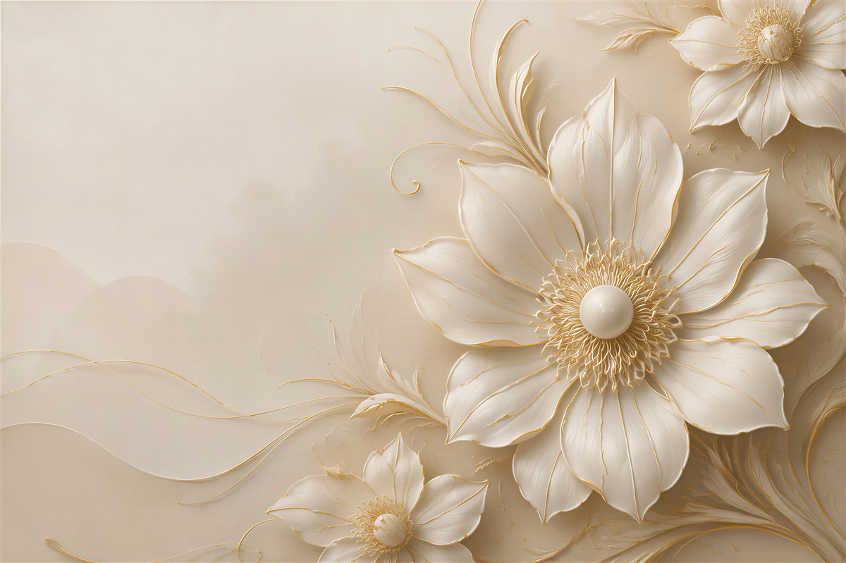 Fotobehang crème bloemen 3D met gouden lijnen elegant