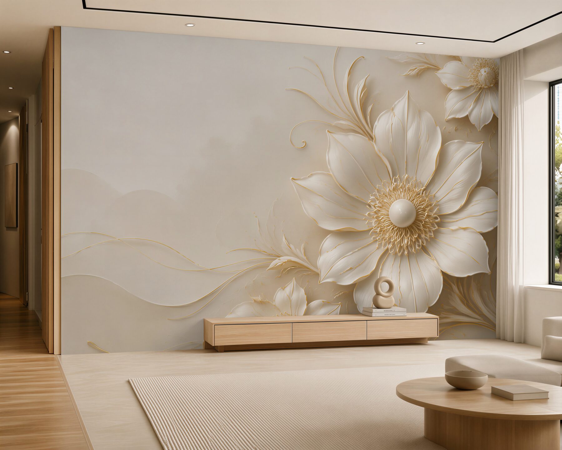 Fotobehang crème bloemen 3D met gouden lijnen elegant