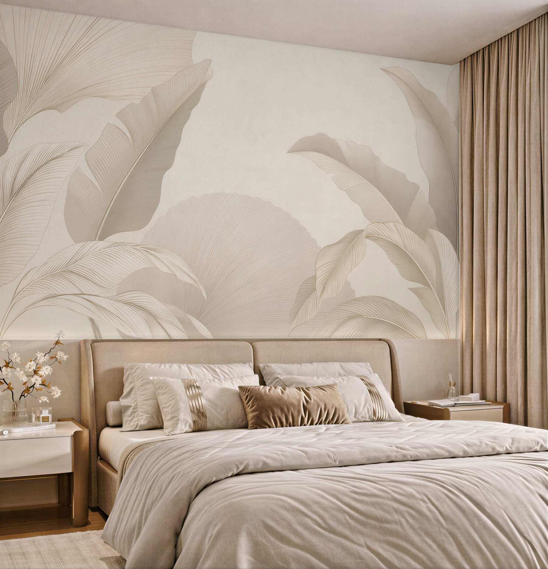 Fotobehang minimalistische elegante beige tropische bladeren