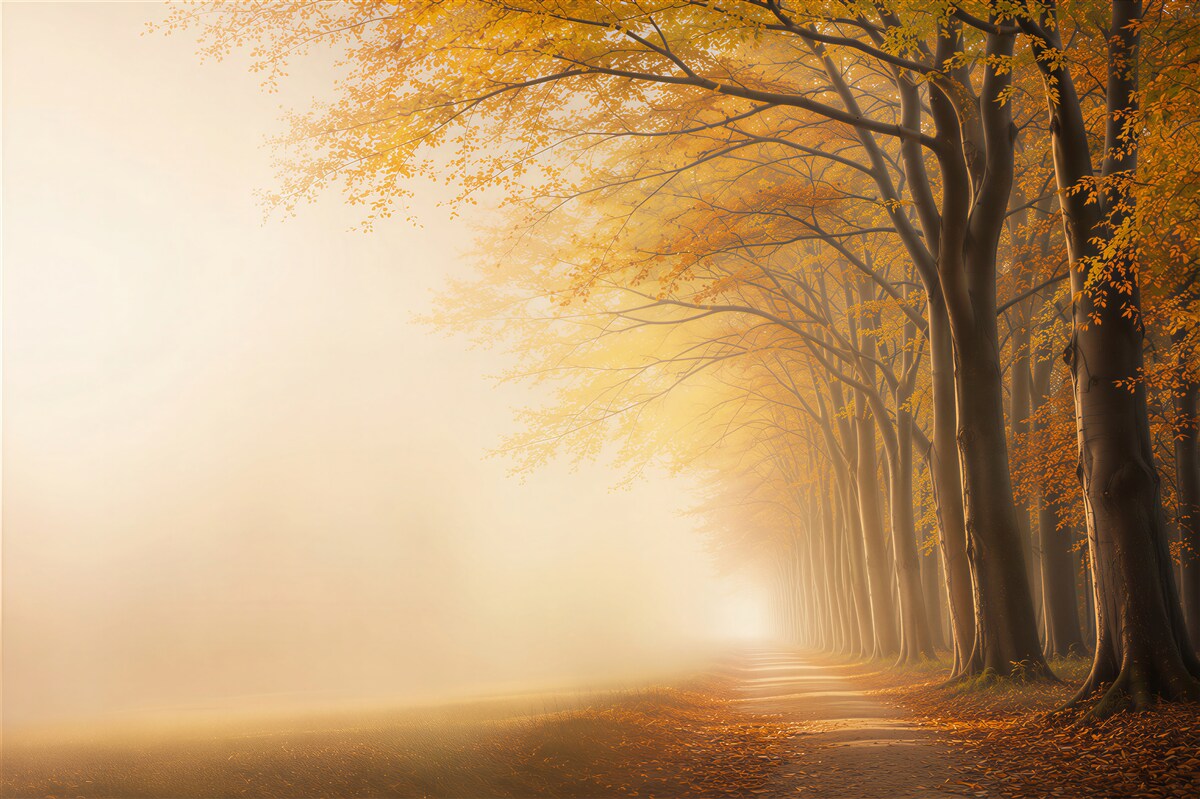 Fotobehang herfstlaan met bomen in de mist gouden boslandschap
