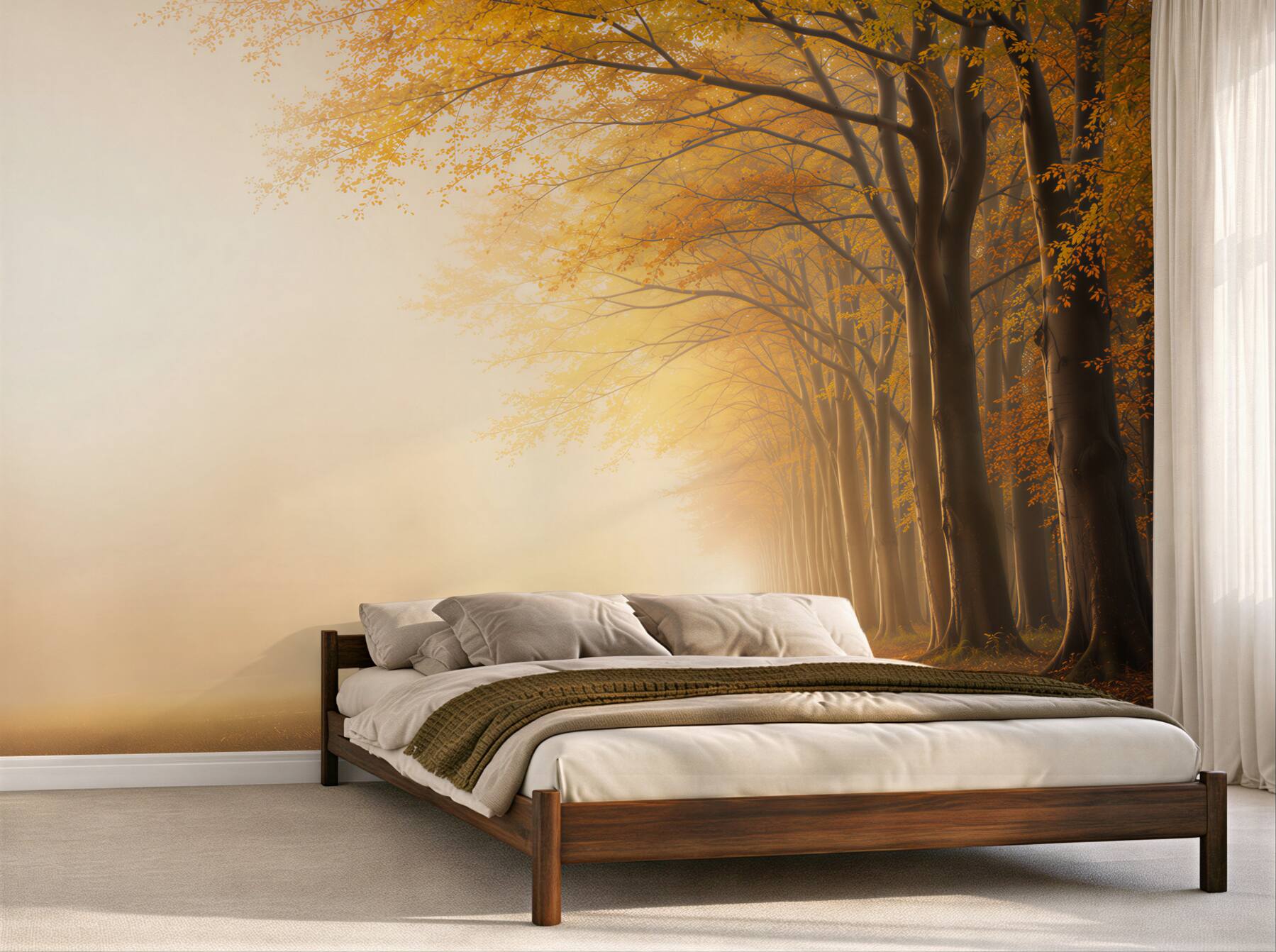 Fotobehang herfstlaan met bomen in de mist gouden boslandschap