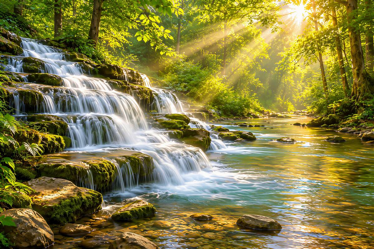 Fotobehang boswaterval in de zon groene landschap