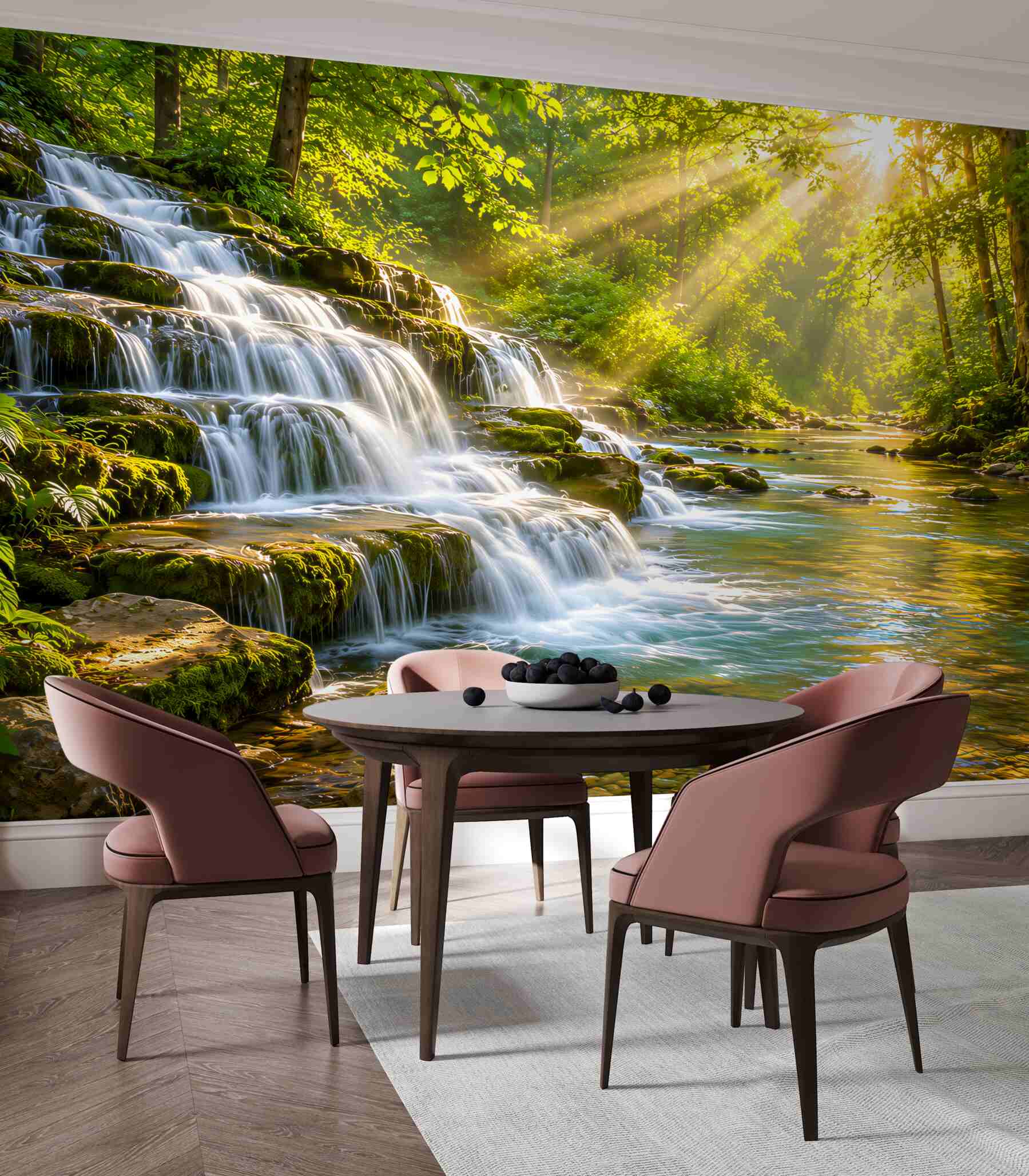 Fotobehang boswaterval in de zon groene landschap