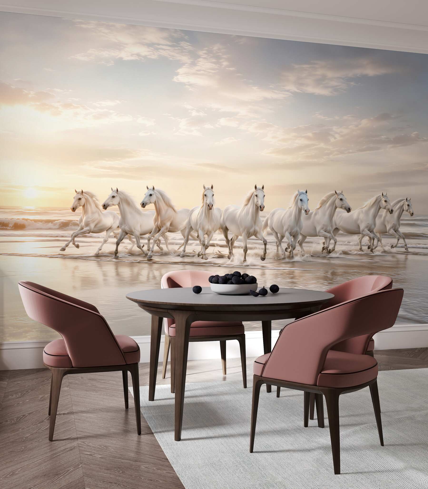 Fotobehang galopperende witte paarden op het strand bij zonsopgang