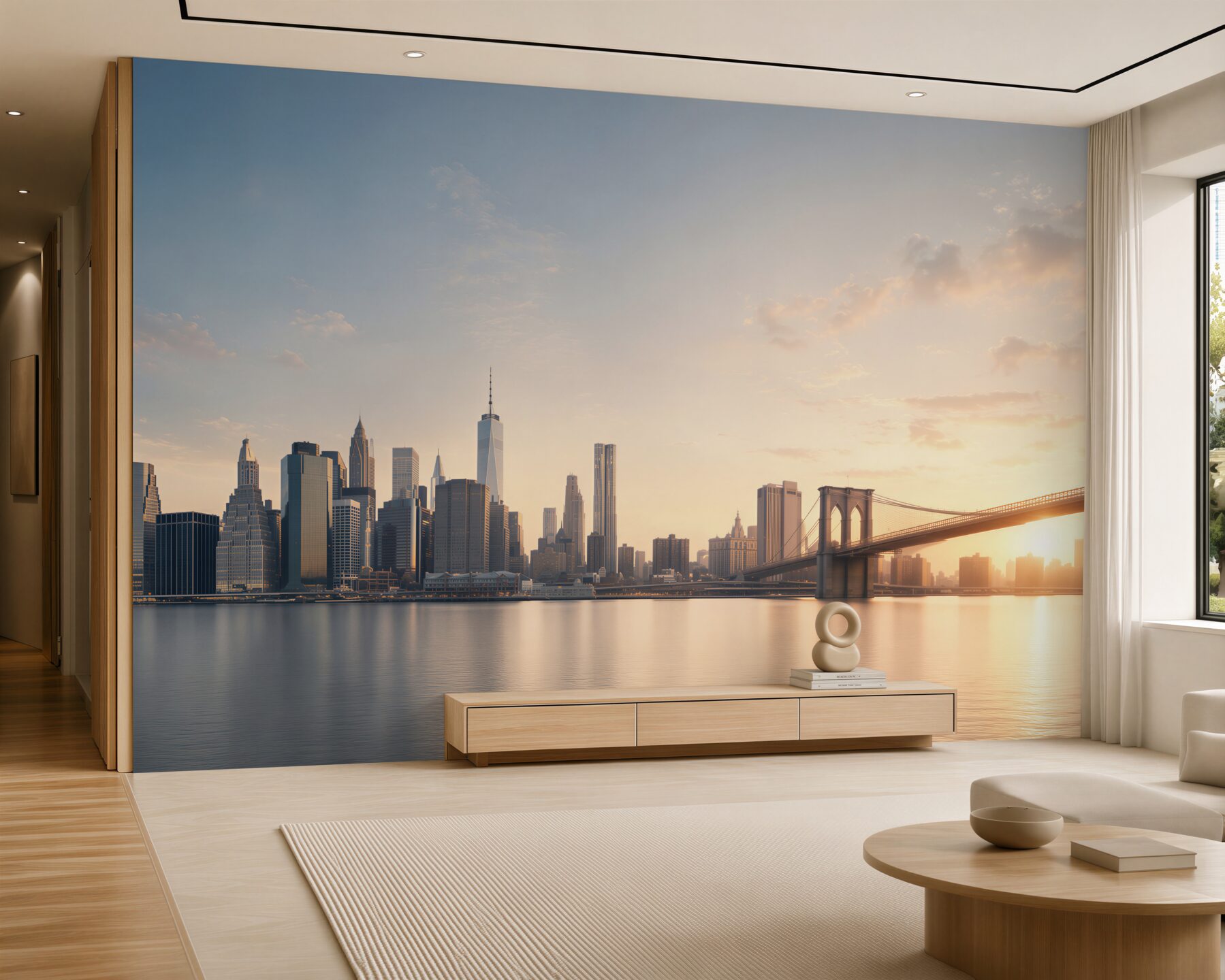 Fotobehang panorama van New York met een brug bij zonsopgang