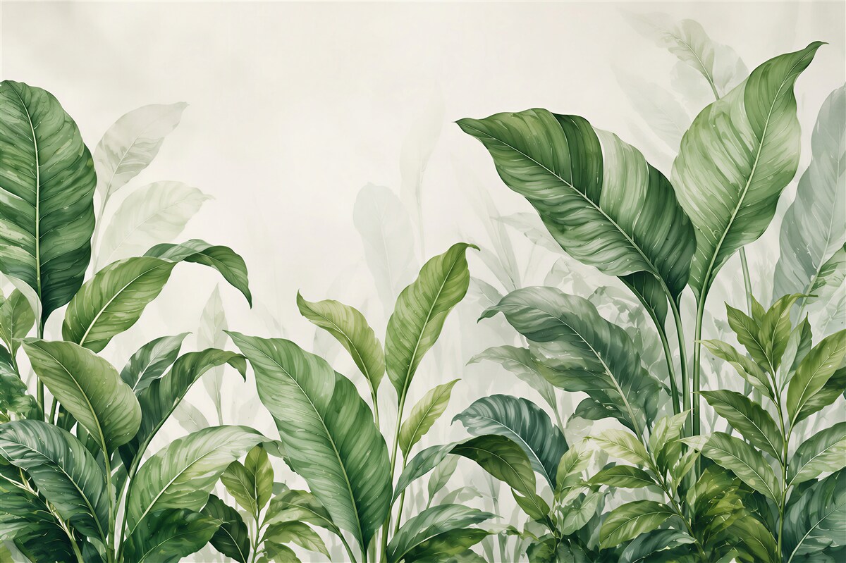 Fotobehang groene tropische bladeren aquarel voor een elegante woonkamer