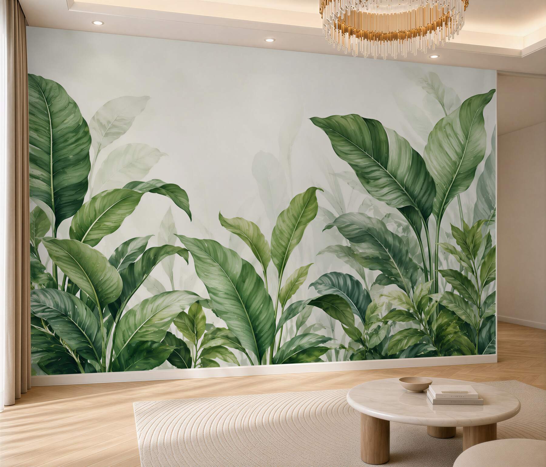 Fotobehang groene tropische bladeren aquarel voor een elegante woonkamer