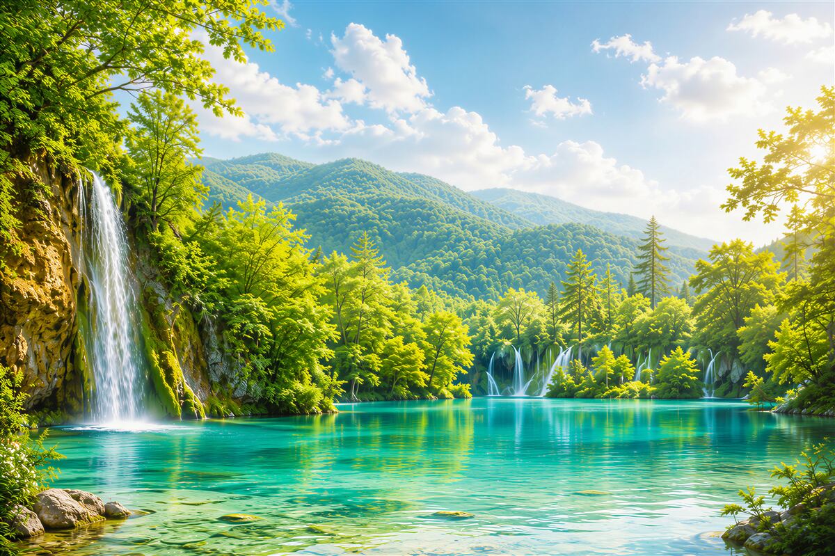 Fotobehang turquoise meer met waterval en bergen zonnig landschap