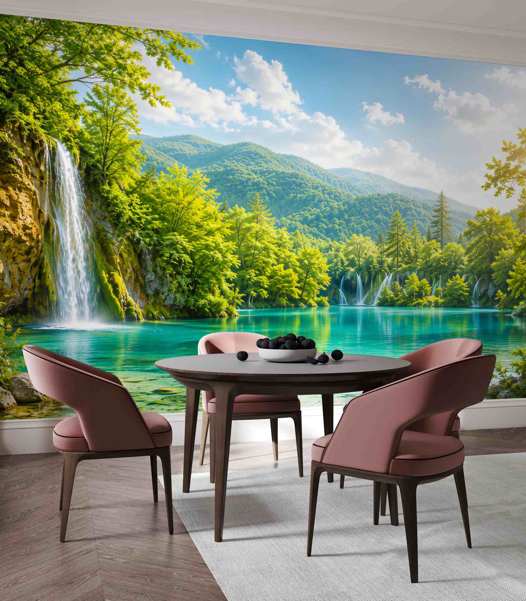 Fotobehang turquoise meer met waterval en bergen zonnig landschap