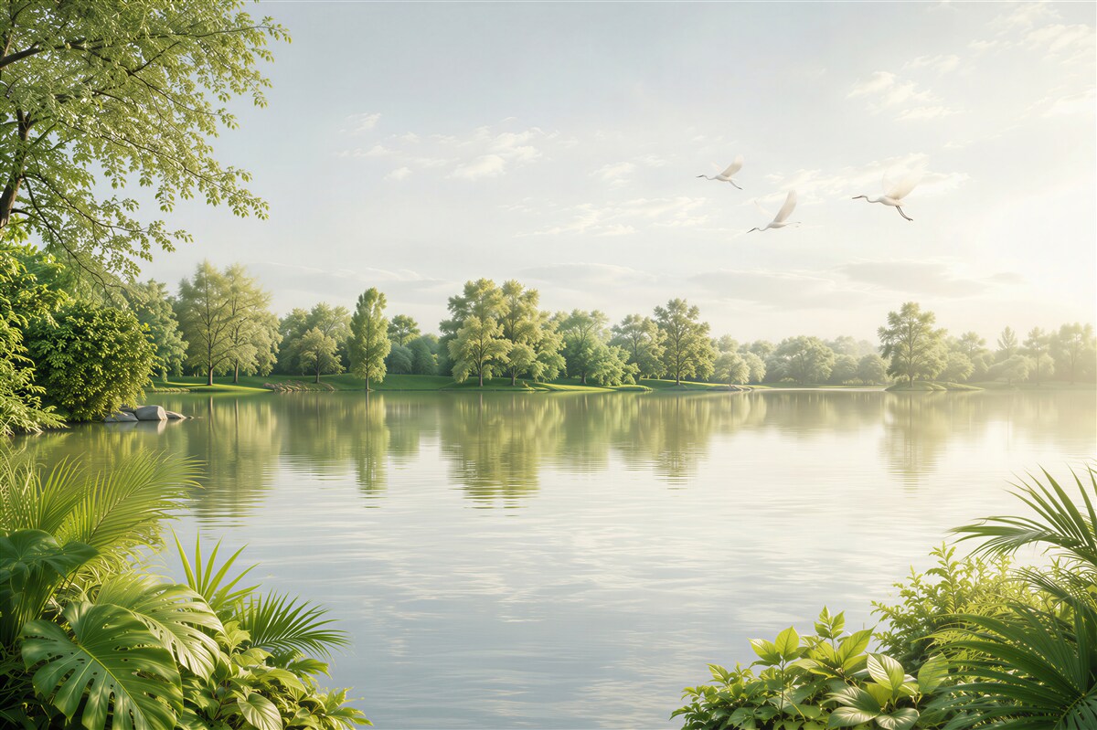 Fotobehang rustig meer te midden van groen met vogels in de ochtend