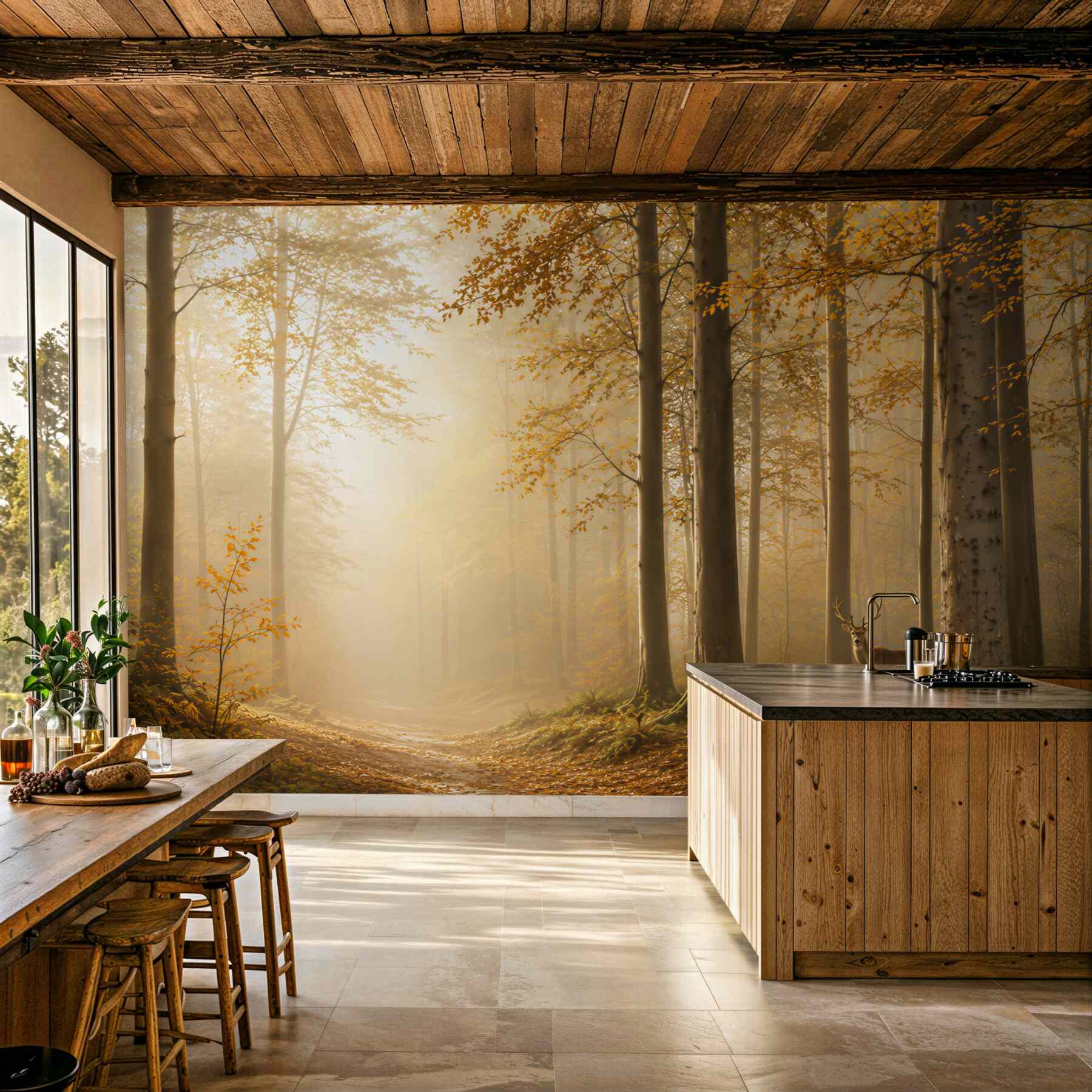 Fotobehang herfstbos met een hert en gouden licht