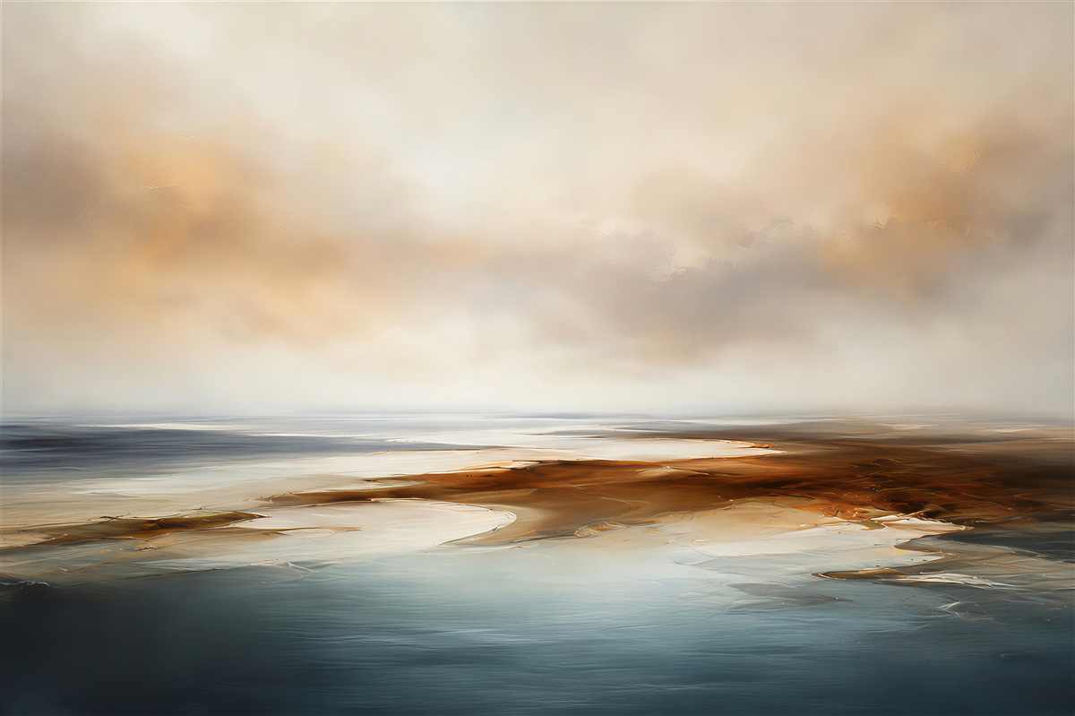 Fotobehang abstract landschap boven water in beige-blauwe tinten