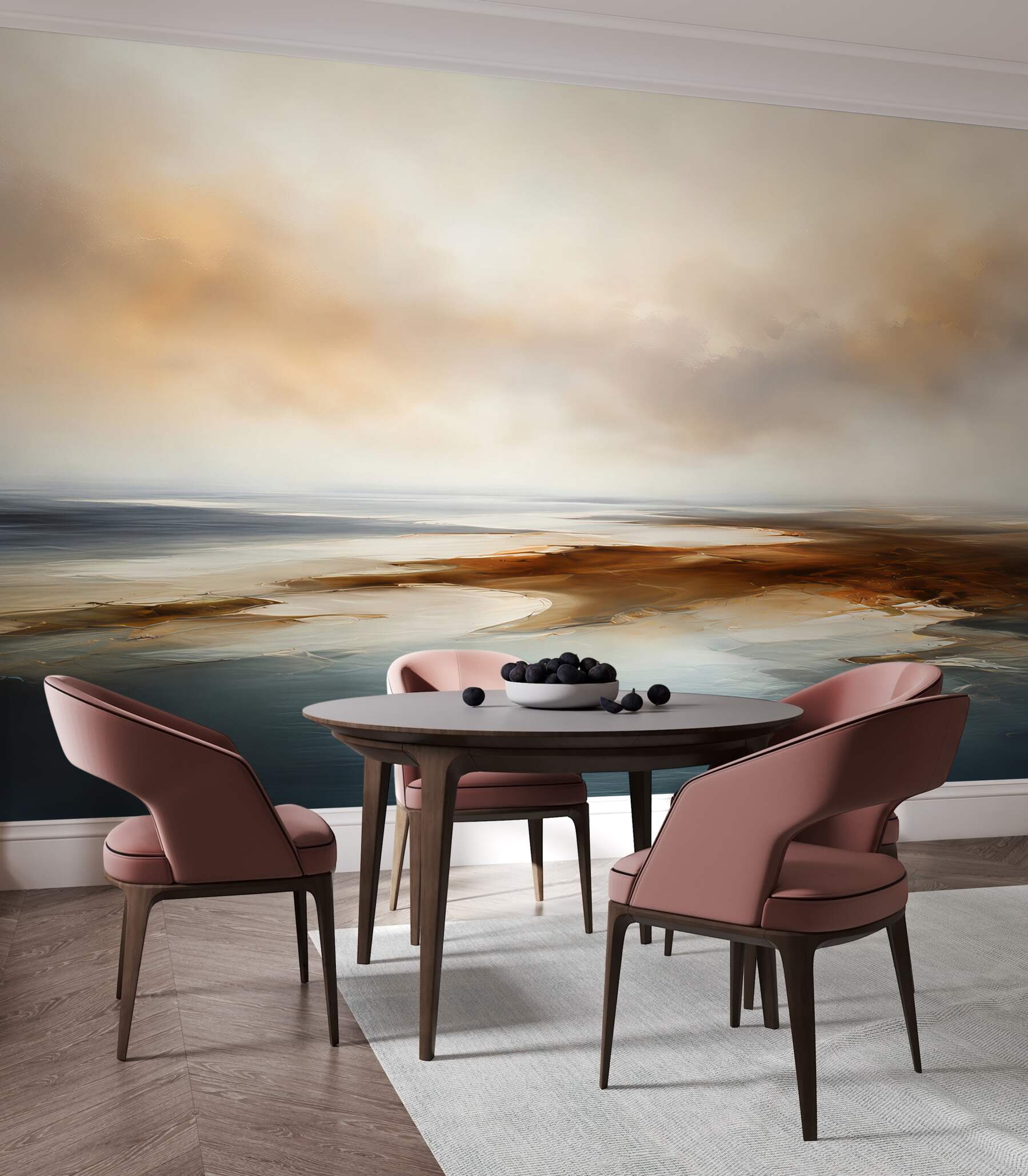 Fotobehang abstract landschap boven water in beige-blauwe tinten