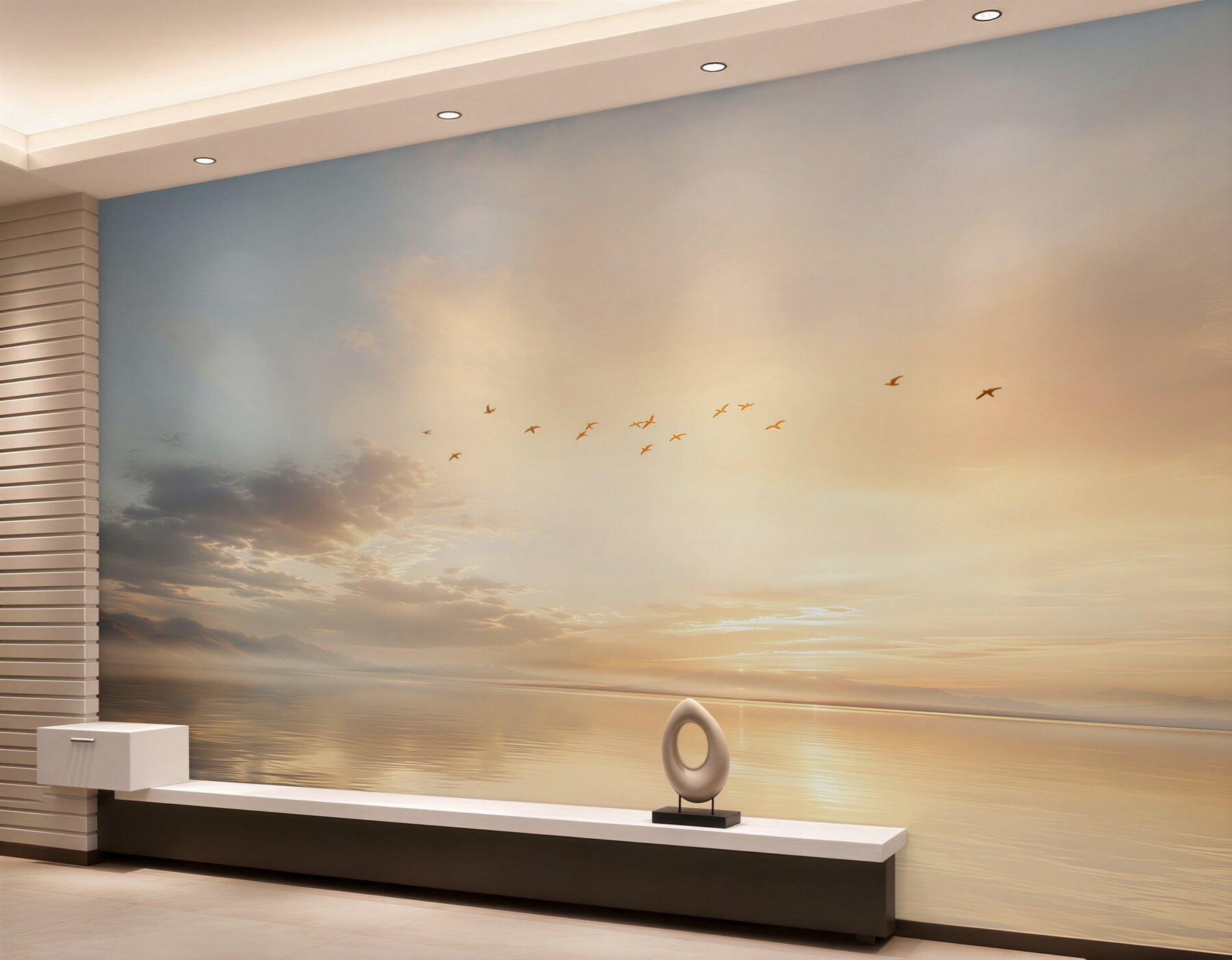 Fotobehang vogels boven het meer bij zonsopgang rustig landschap