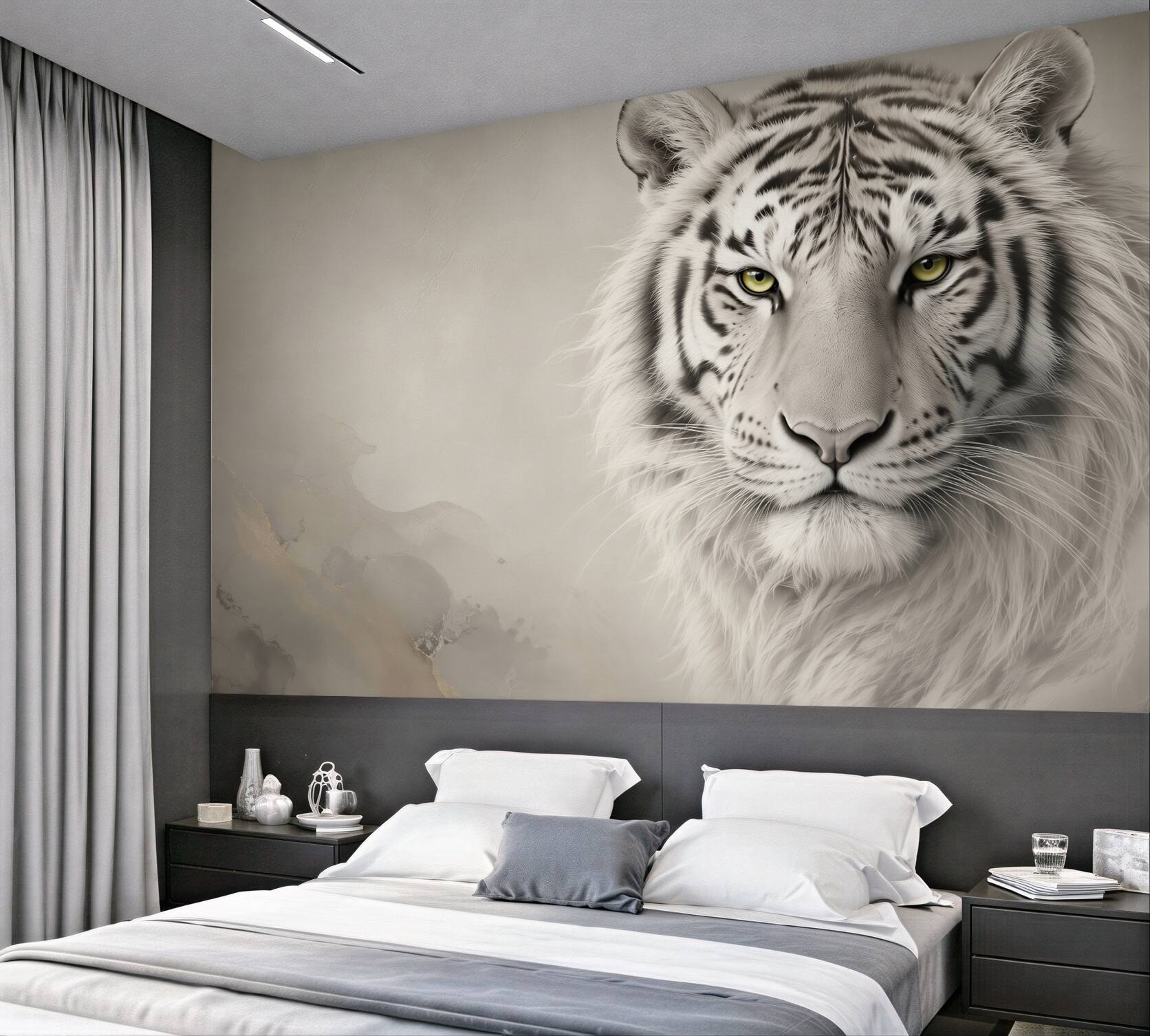 Fotobehang witte tijger met groene ogen op een beige achtergrond