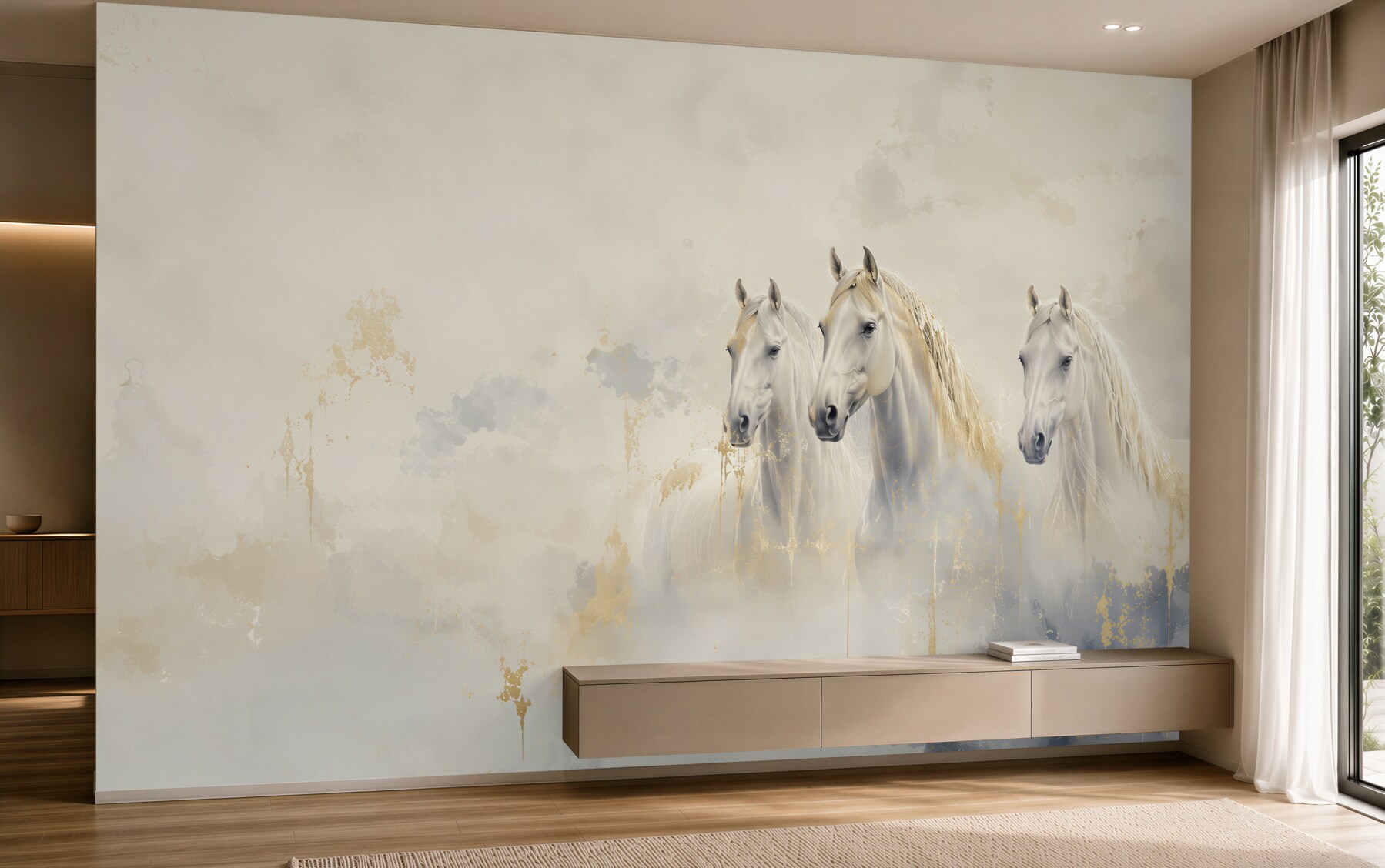 Fotobehang witte paarden in de mist in lichte beigetinten elegant en delicaat