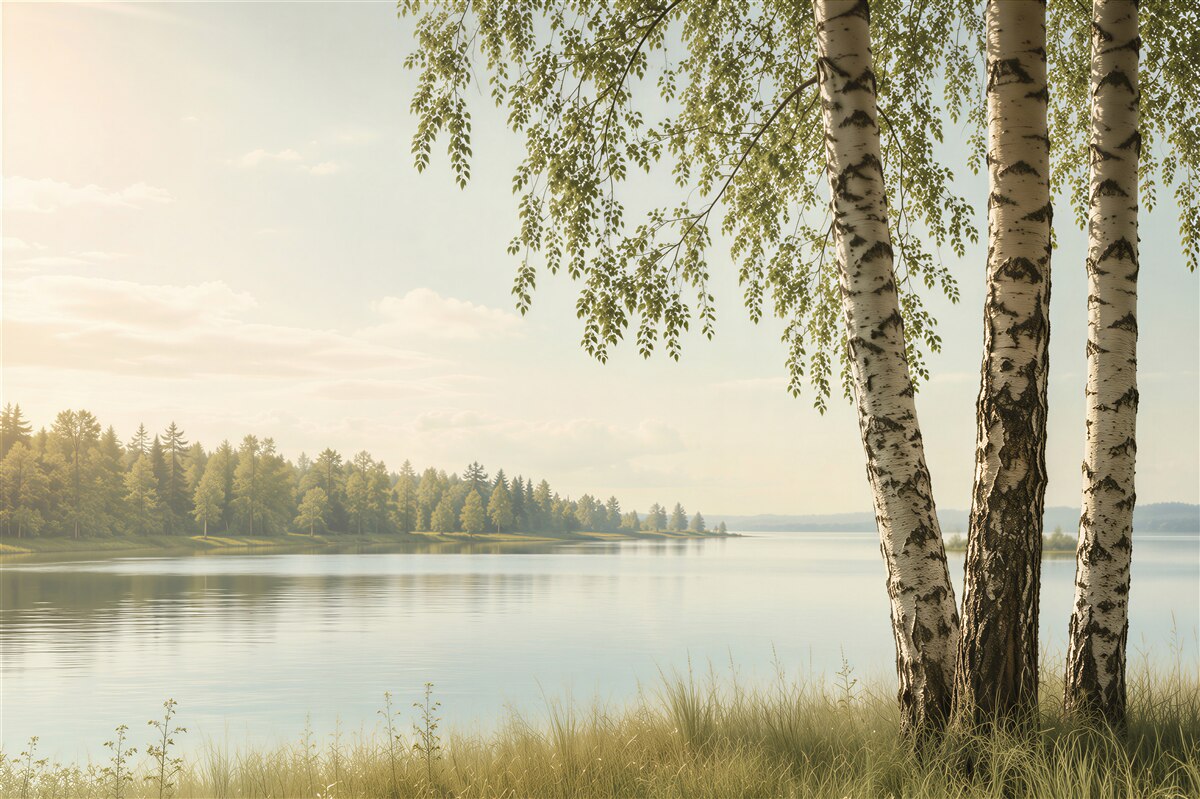 Fotobehang Meer in Rusland in een berkenbos