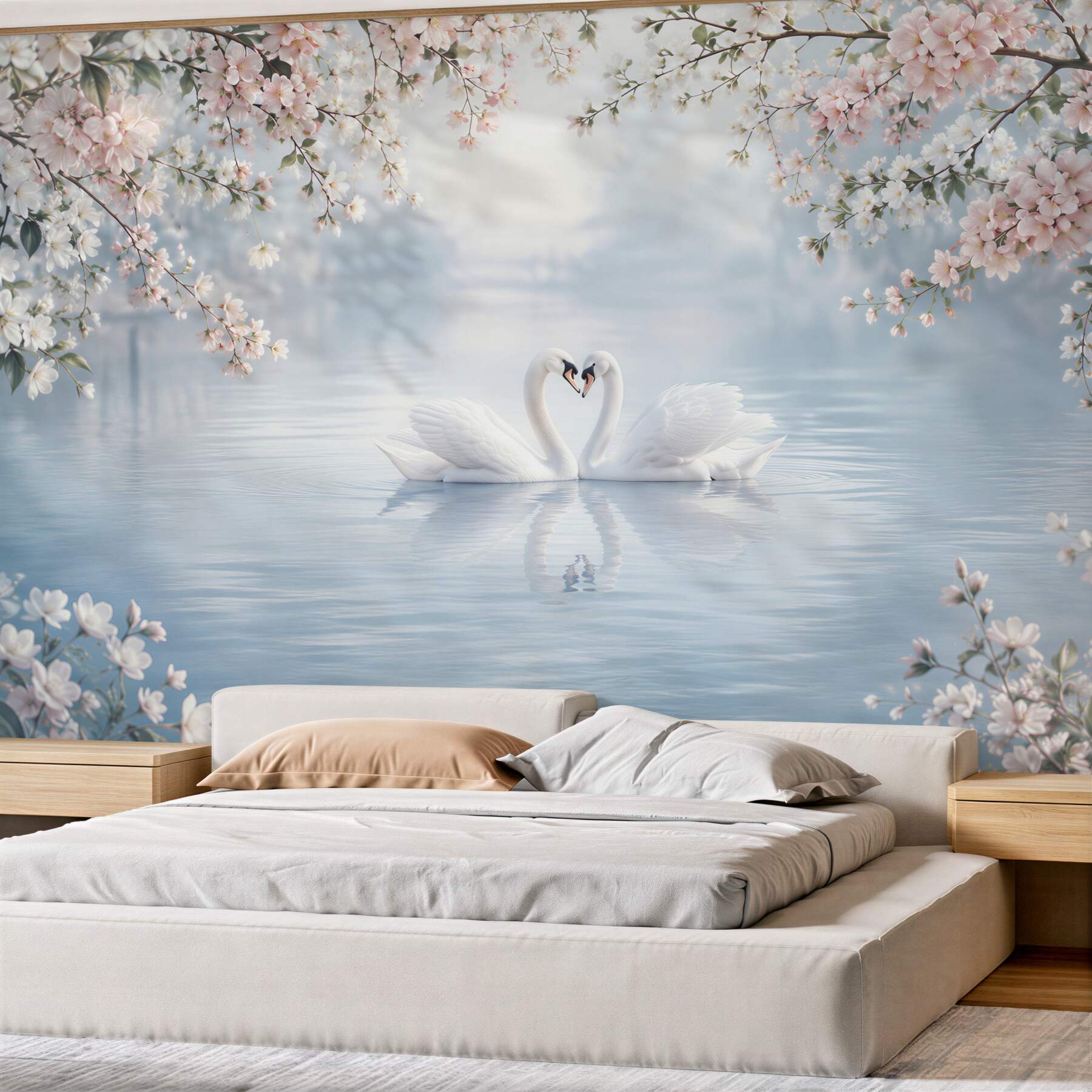Fotobehang Twee zwanen omringd door bloeiende bloemen
