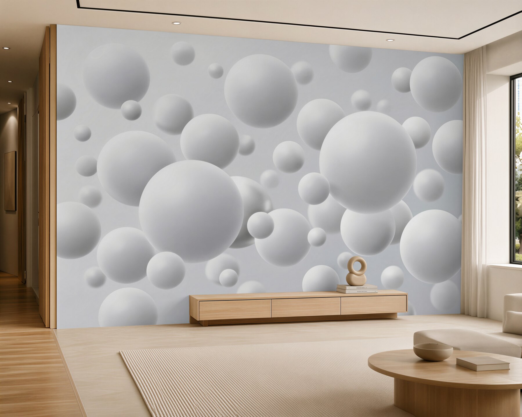 Fotobehang witte bollen 3D minimalistische abstractie voor een moderne inrichting