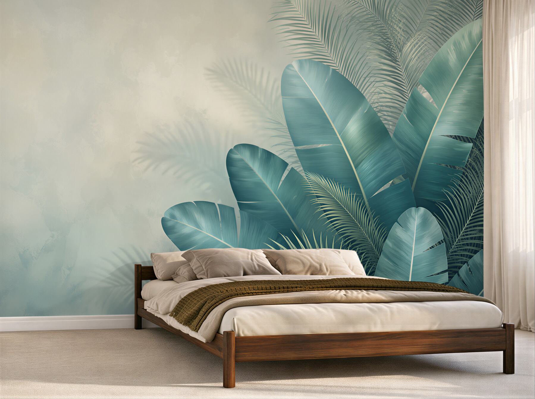 Fotobehang groene tropische bladeren subtiele jungle voor de woonkamer