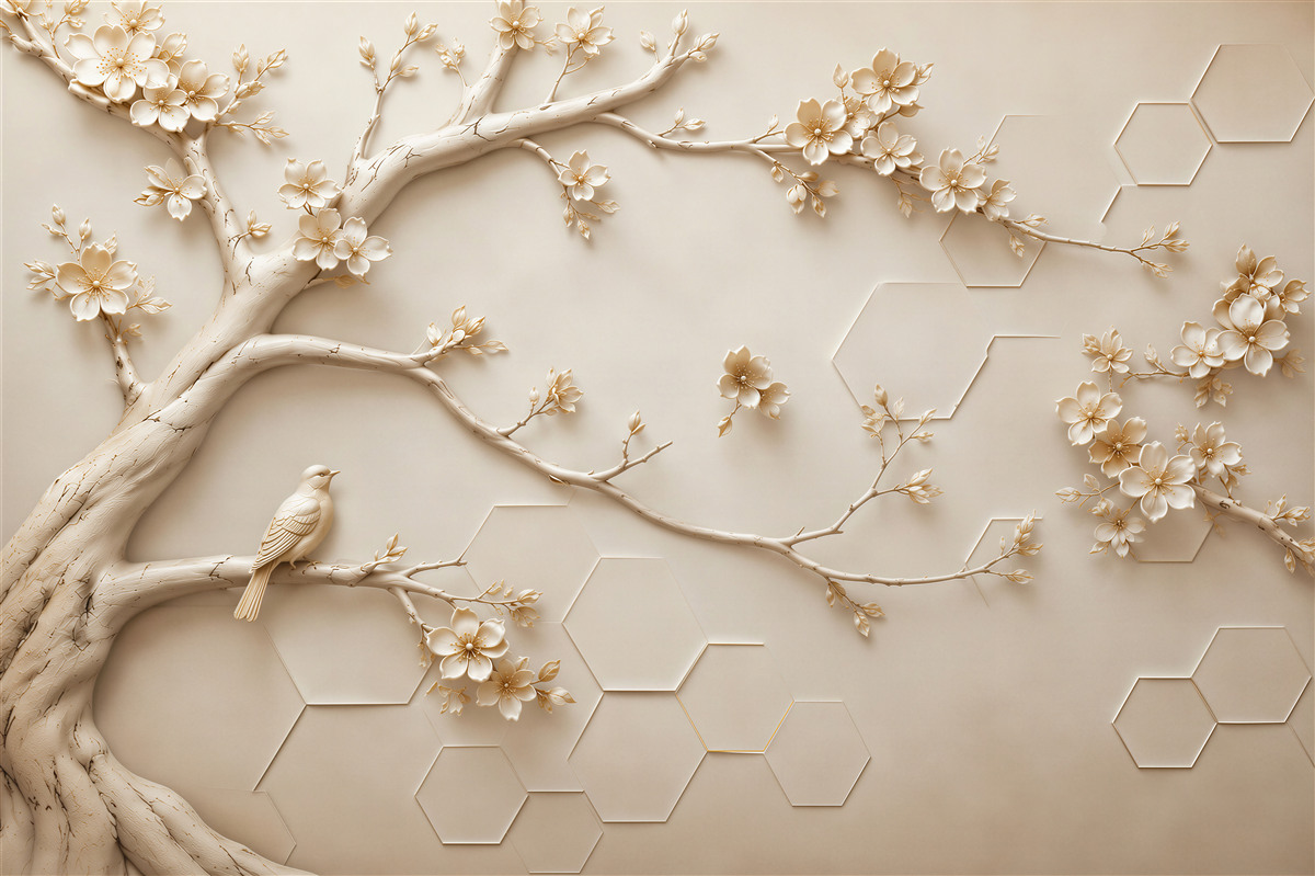 Fotobehang boom met bloemen en een vogel beige elegant 3D
