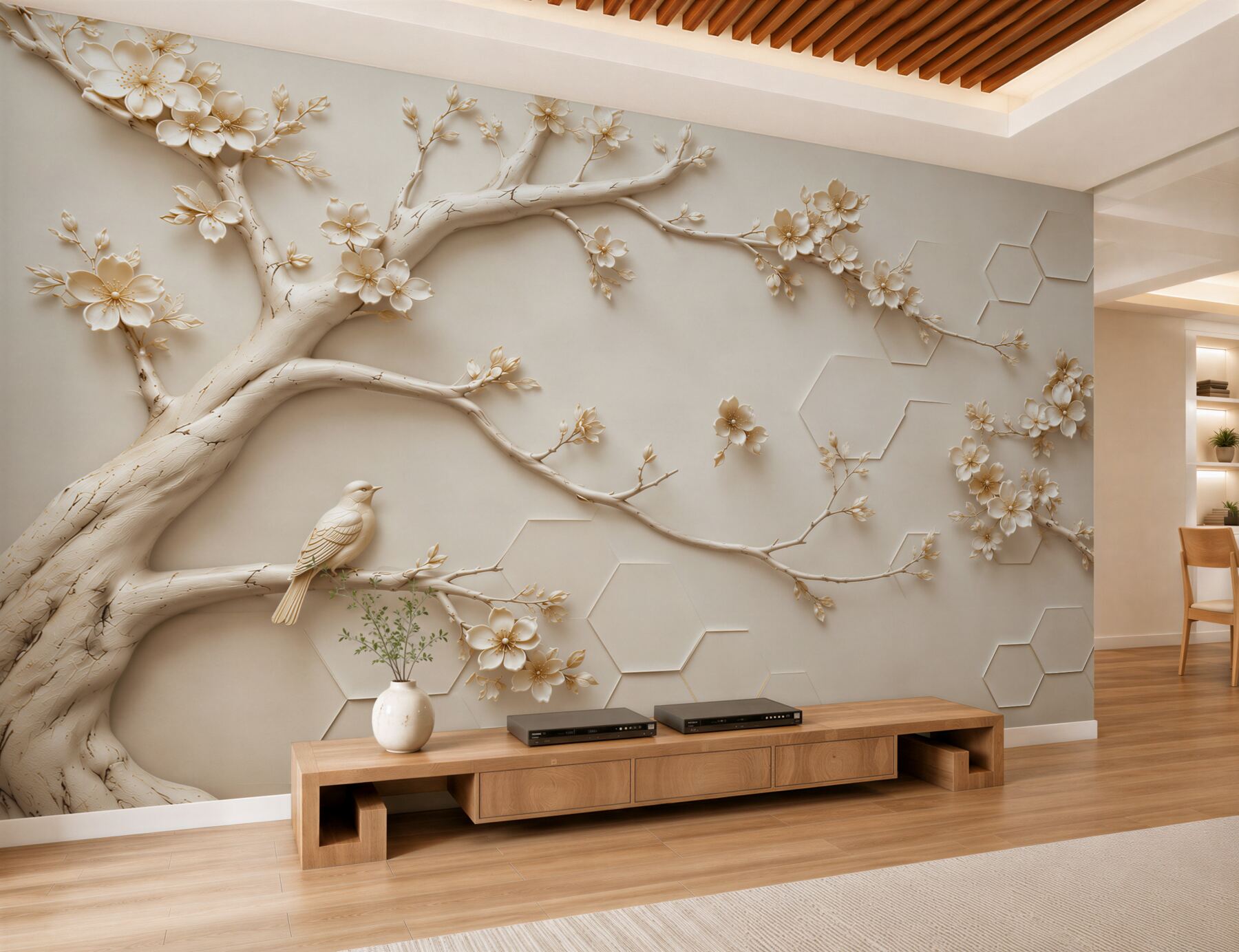 Fotobehang boom met bloemen en een vogel beige elegant 3D