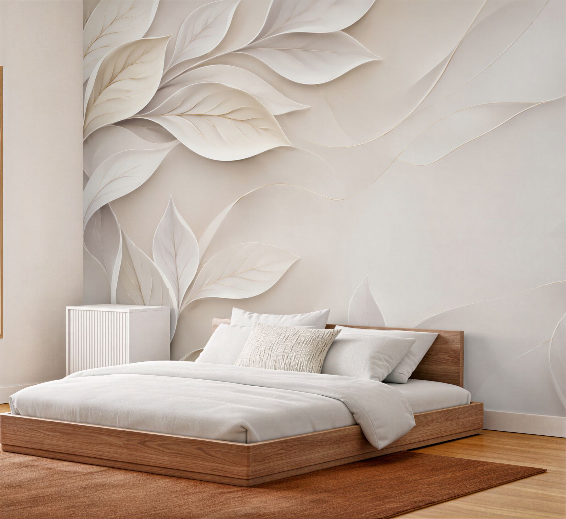 Fotobehang witte bladeren 3D op beige achtergrond elegant
