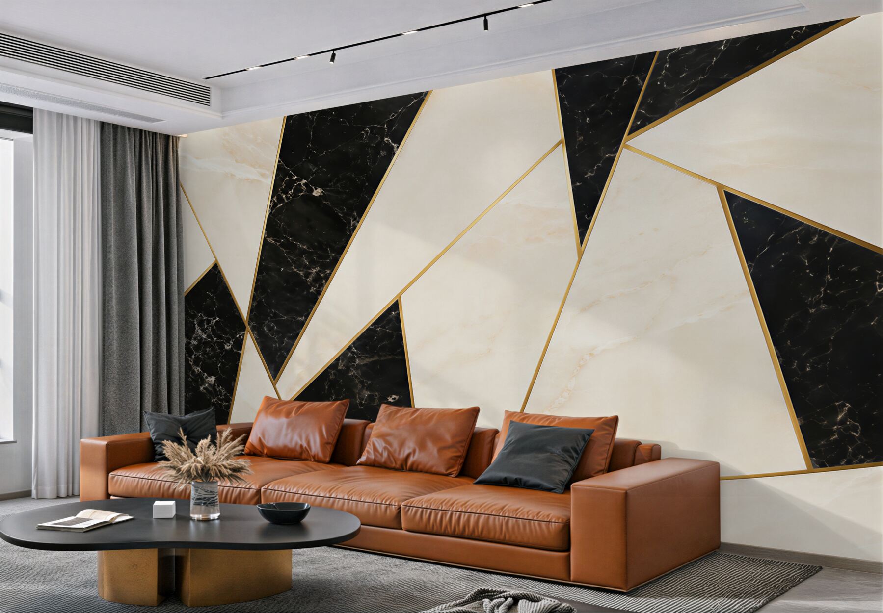 Fotobehang geometrische marmer zwart en wit met gouden lijnen