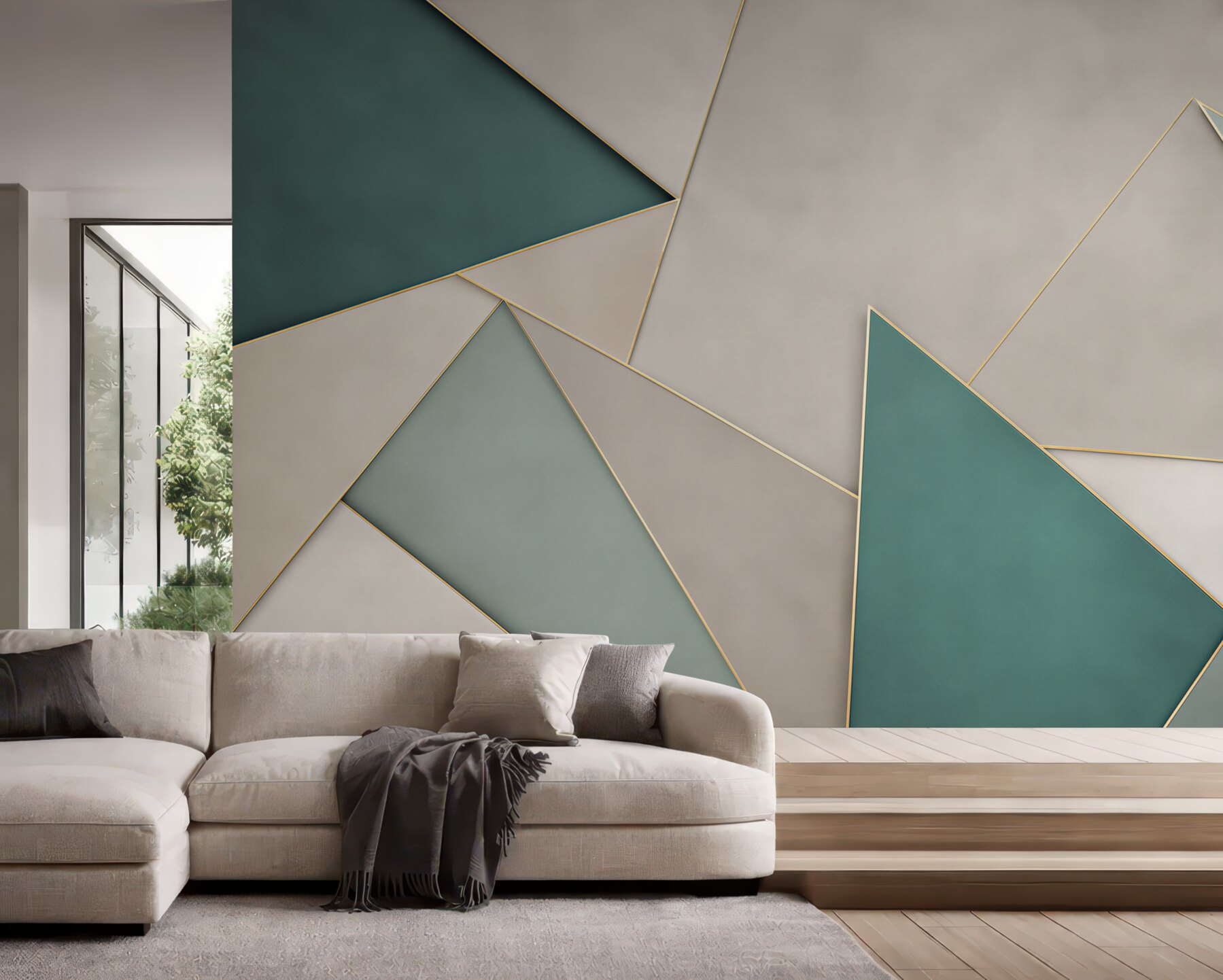 Fotobehang turquoise geometrische driehoeken op beige achtergrond