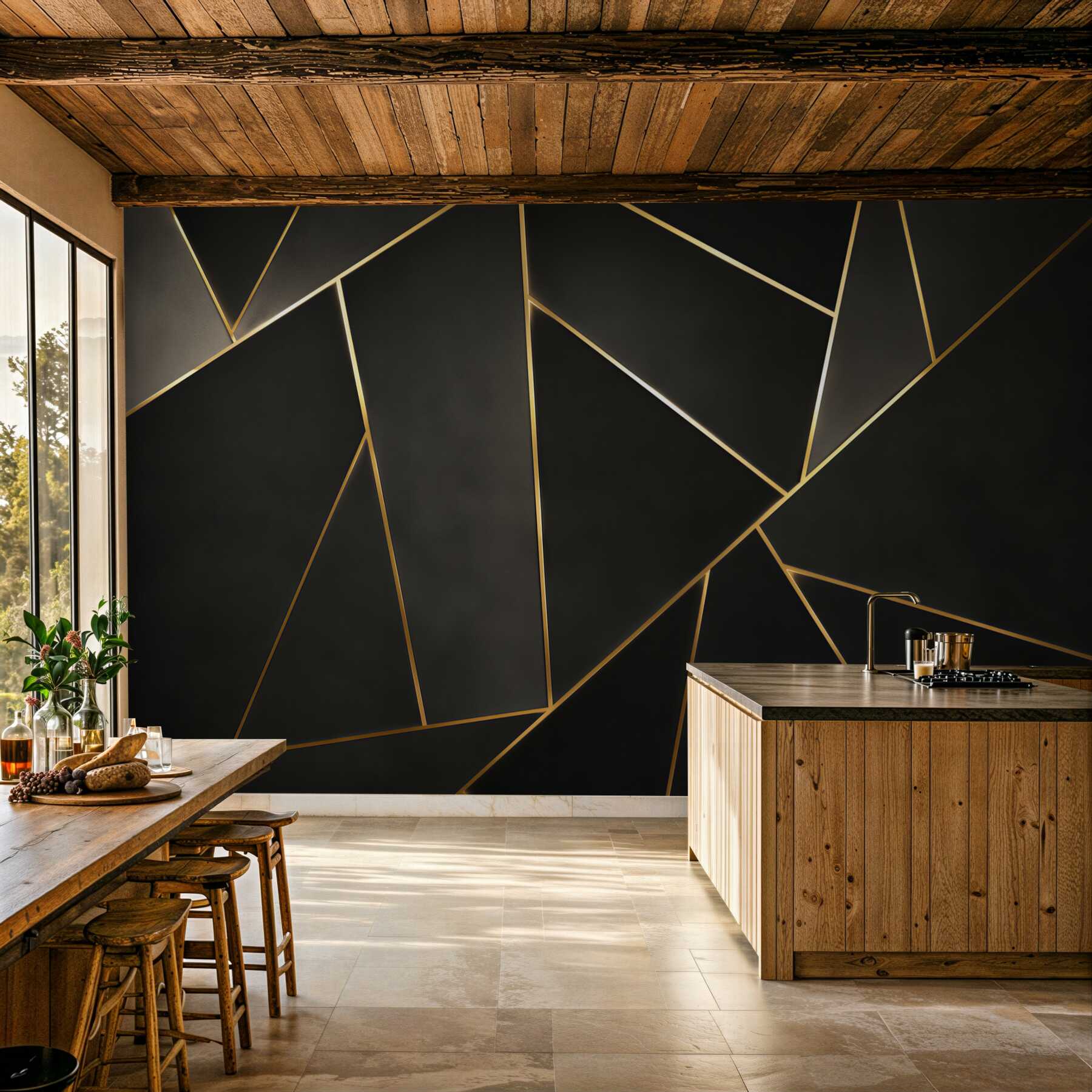 Fotobehang zwarte geometrie met gouden lijnen moderne elegantie