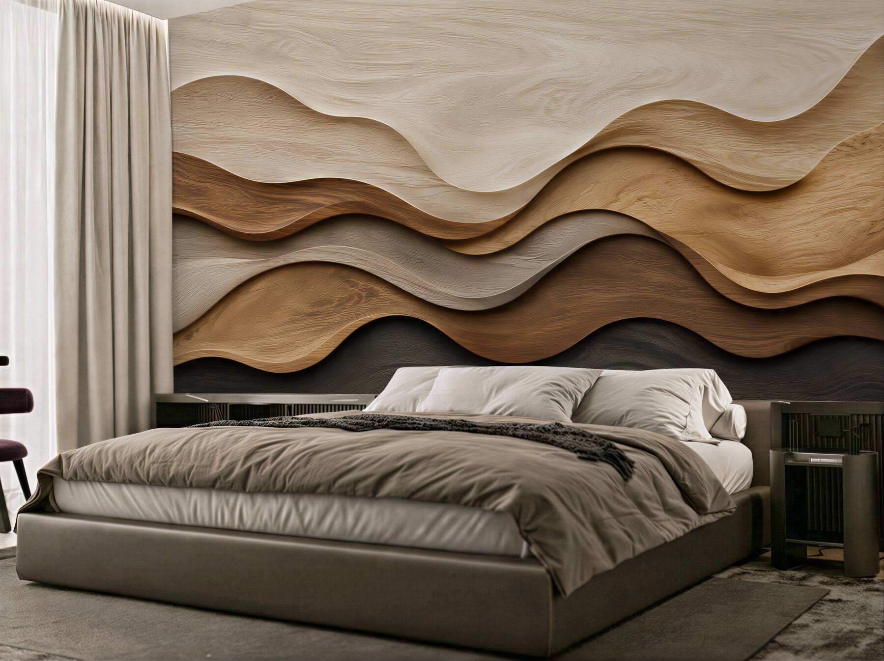 Fotobehang gelaagde houten golven 3D in natuurlijke beige en bruin tinten