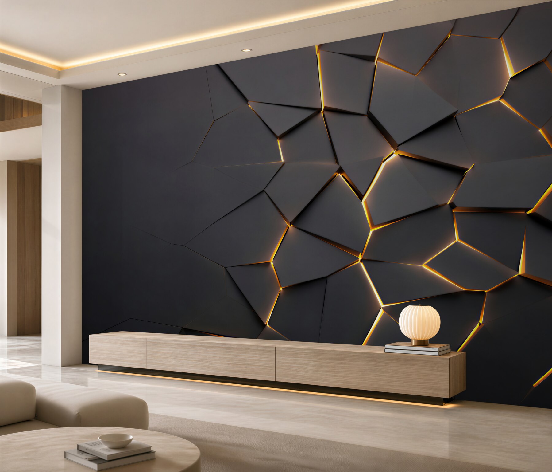 Fotobehang geometrische zwarte abstractie met gouden verlichting modern