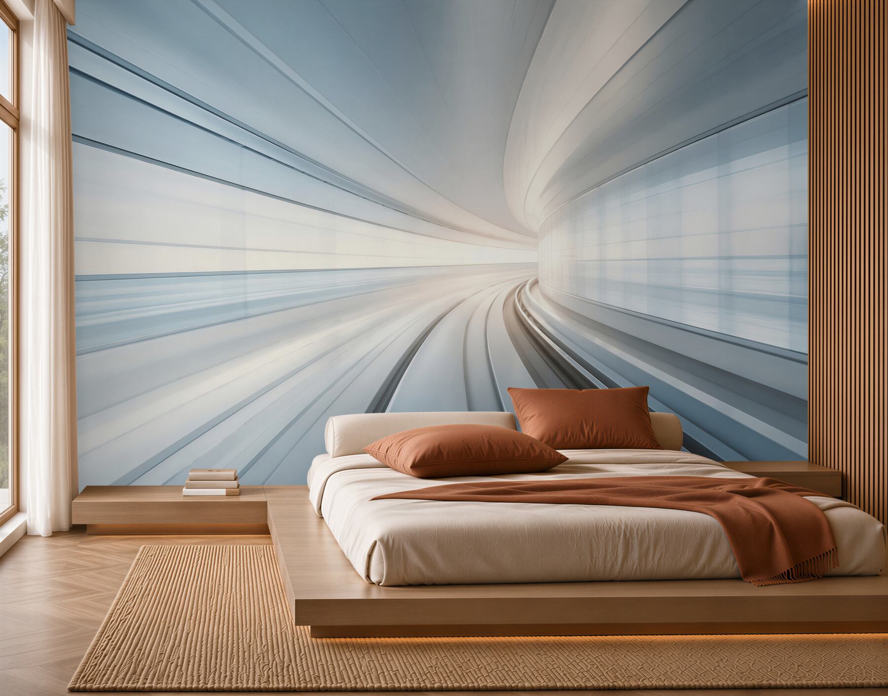 Fotobehang futuristische tunnel in blauwe tinten moderne abstractie