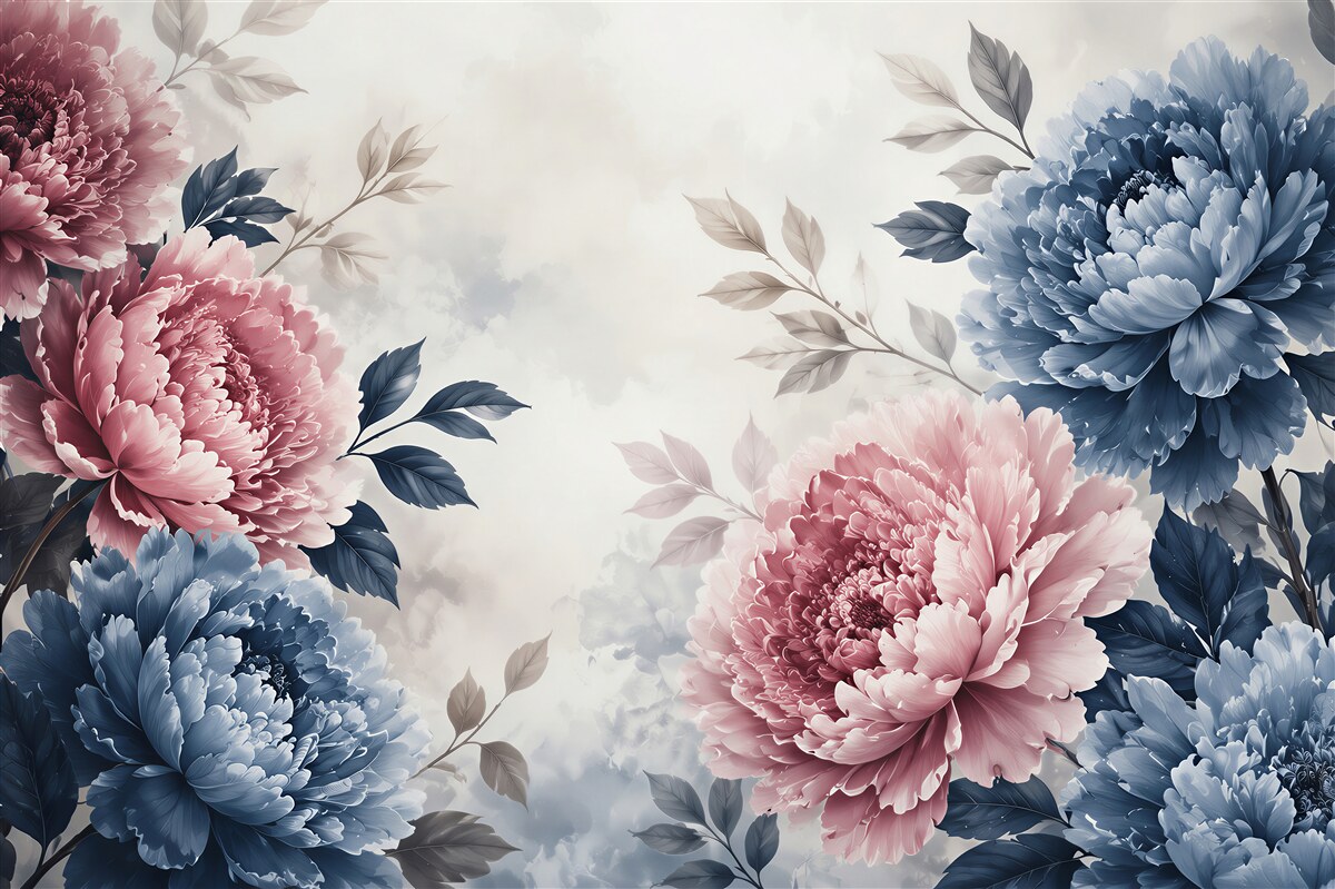 Fotobehang roze en blauwe pioenrozen romantische bloemencompositie