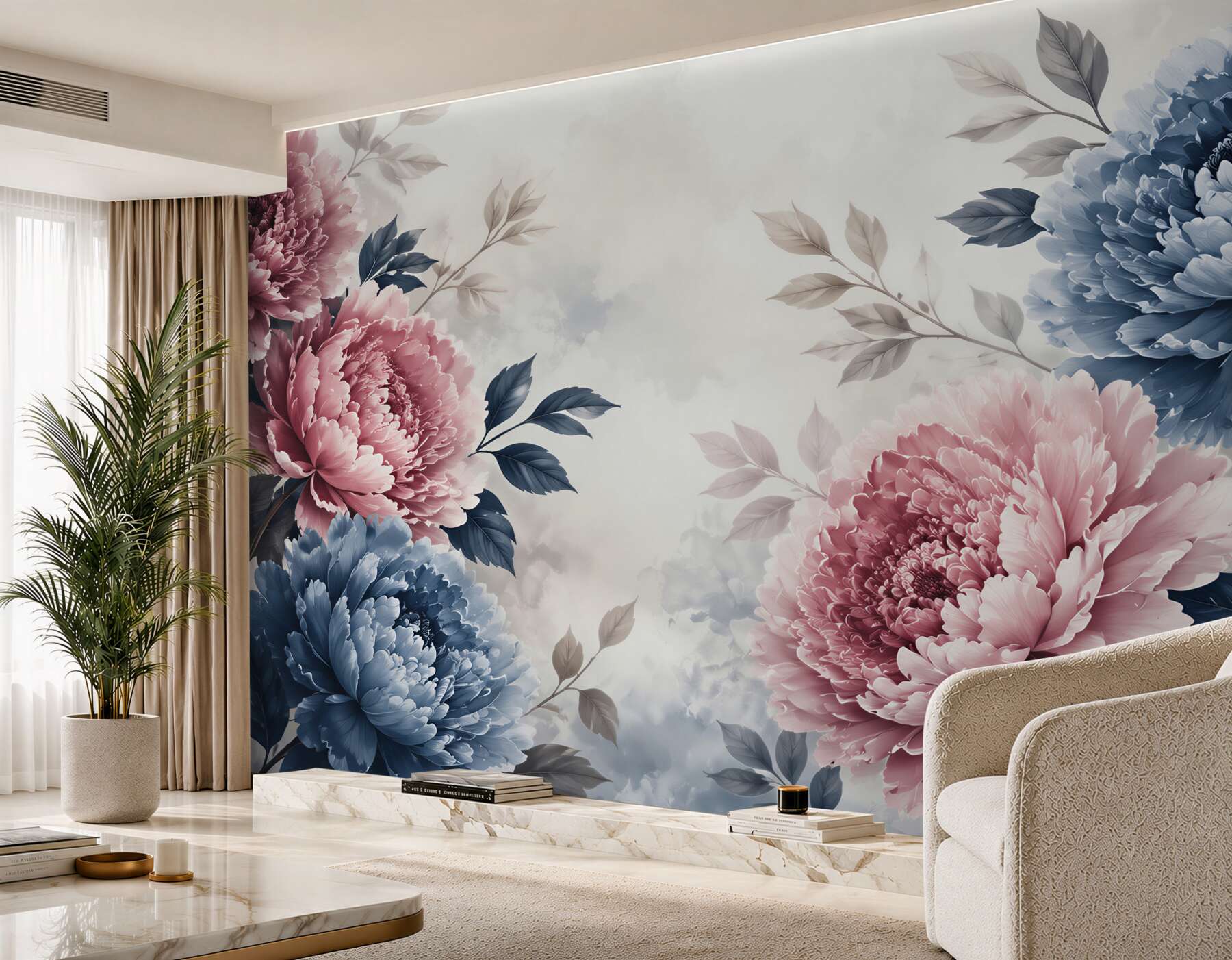 Fotobehang roze en blauwe pioenrozen romantische bloemencompositie
