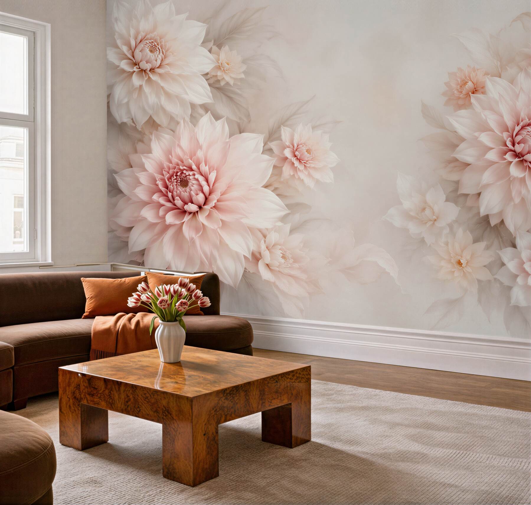 Fotobehang lichte dahlia poederroze op crèmekleurige achtergrond