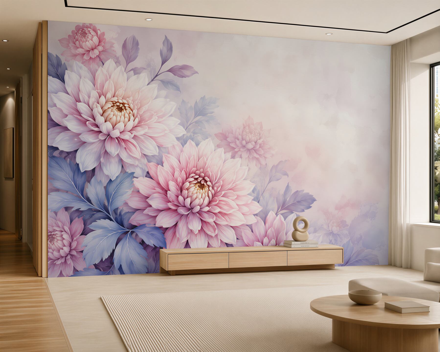 Fotobehang pastel dahlia roze en lavendel voor een lichte slaapkamer