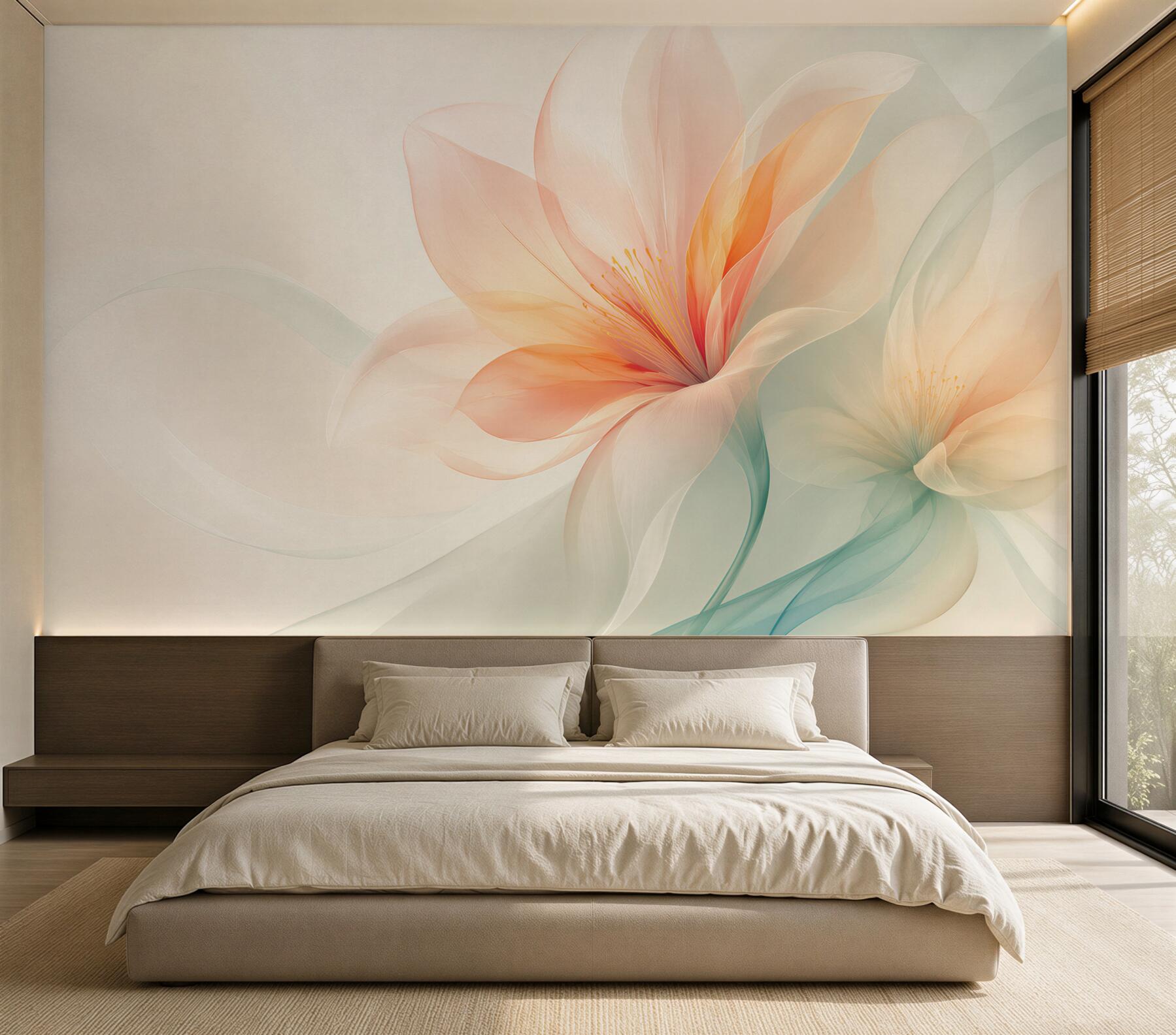 Fotobehang abstracte bloemen crème en perzik pastel