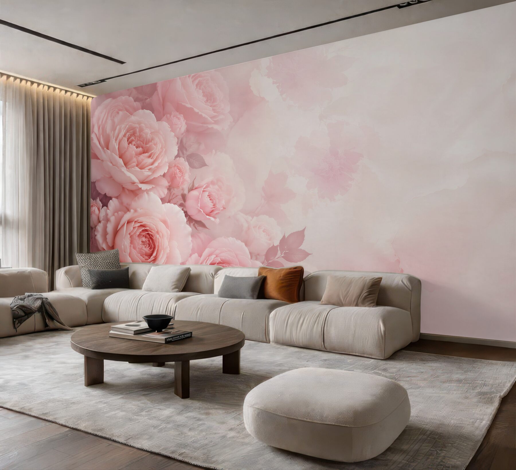 Fotobehang romantische roze pioenrozen op een lichte pastelachtergrond