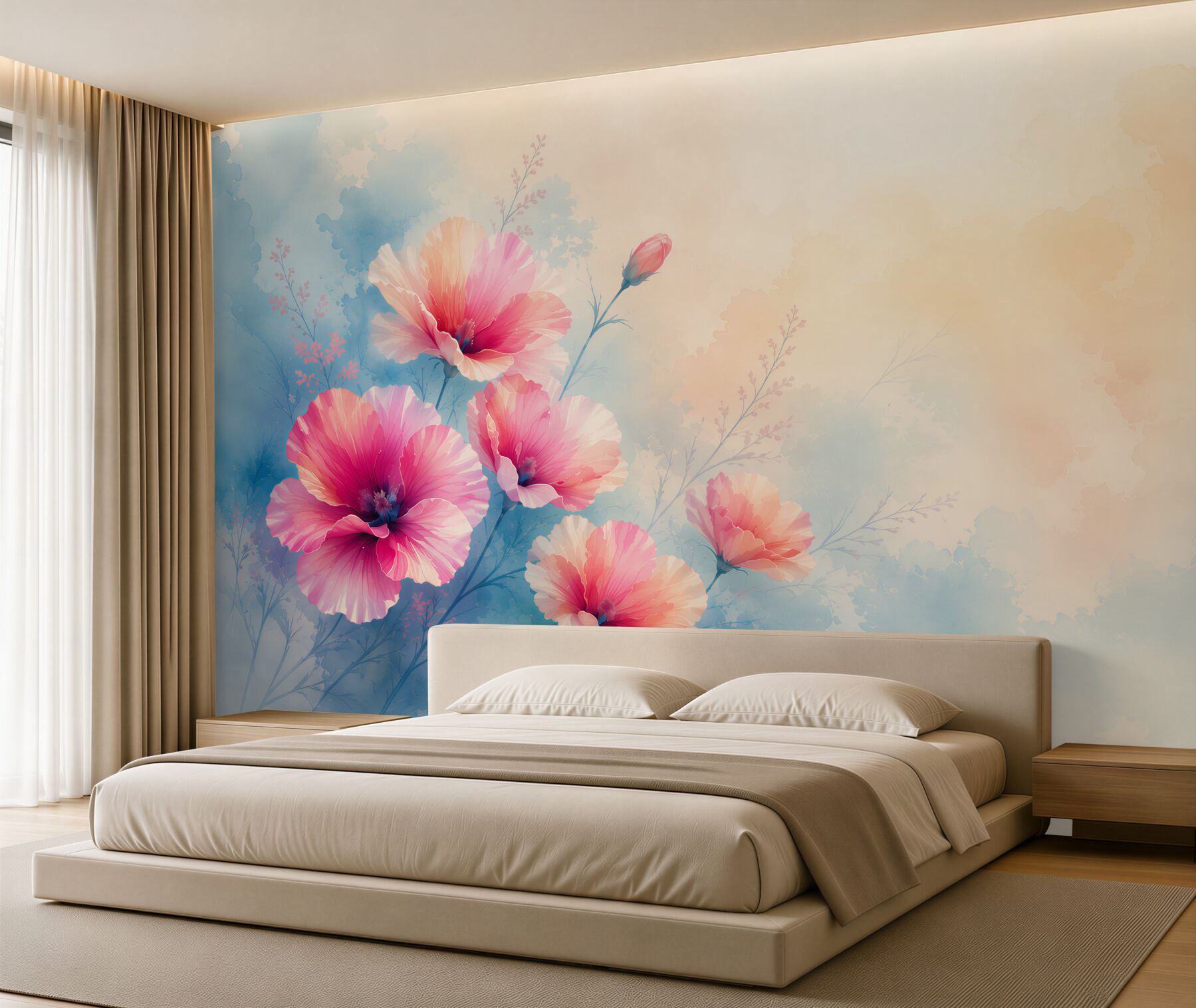 Fotobehang aquarel roze klaprozen op een blauw crèmekleurige achtergrond