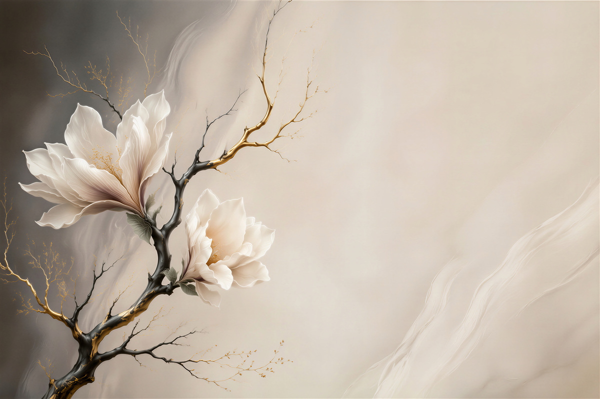 Fotobehang magnolia's op zwarte takken met gouden accenten
