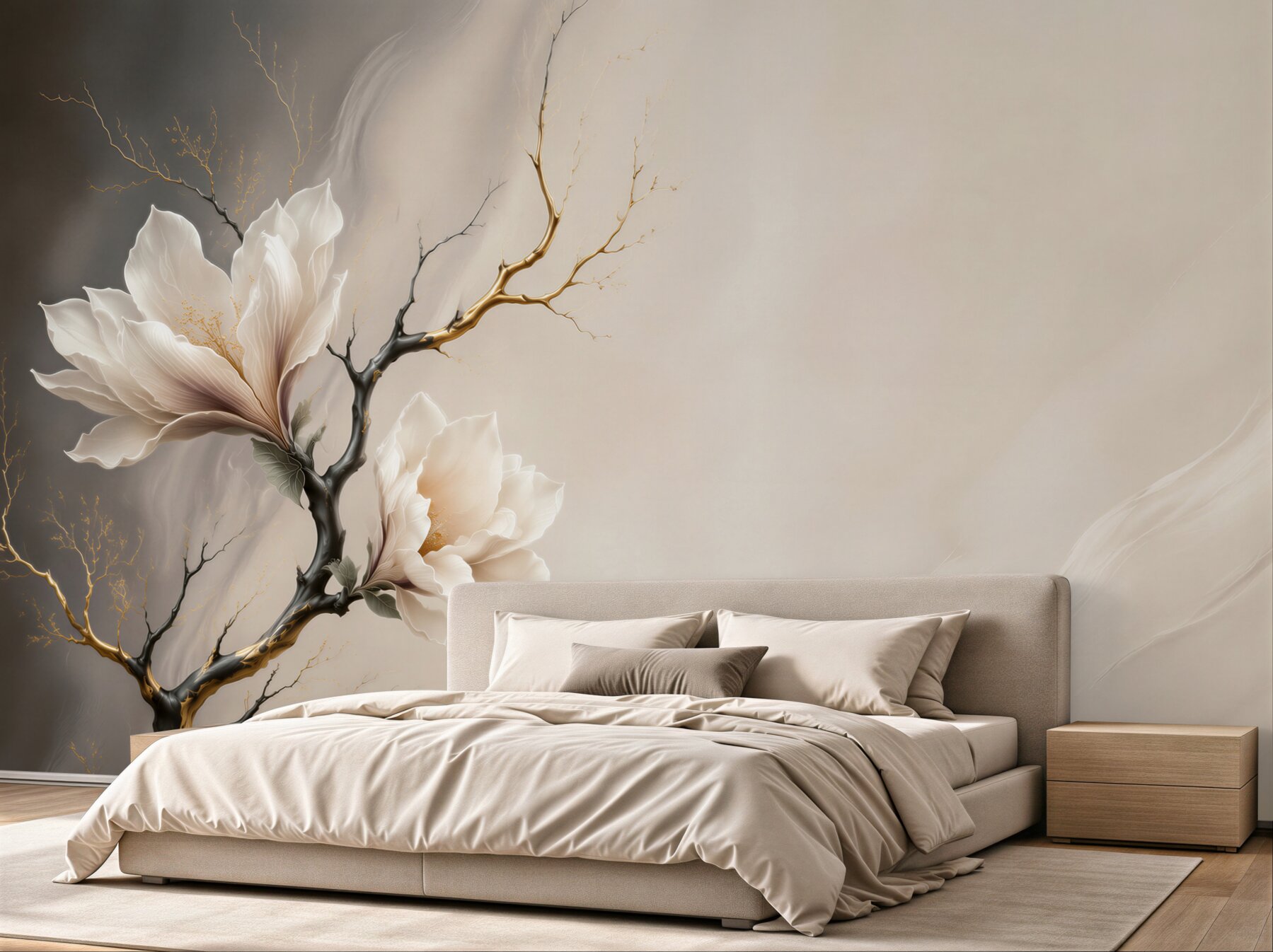 Fotobehang magnolia's op zwarte takken met gouden accenten