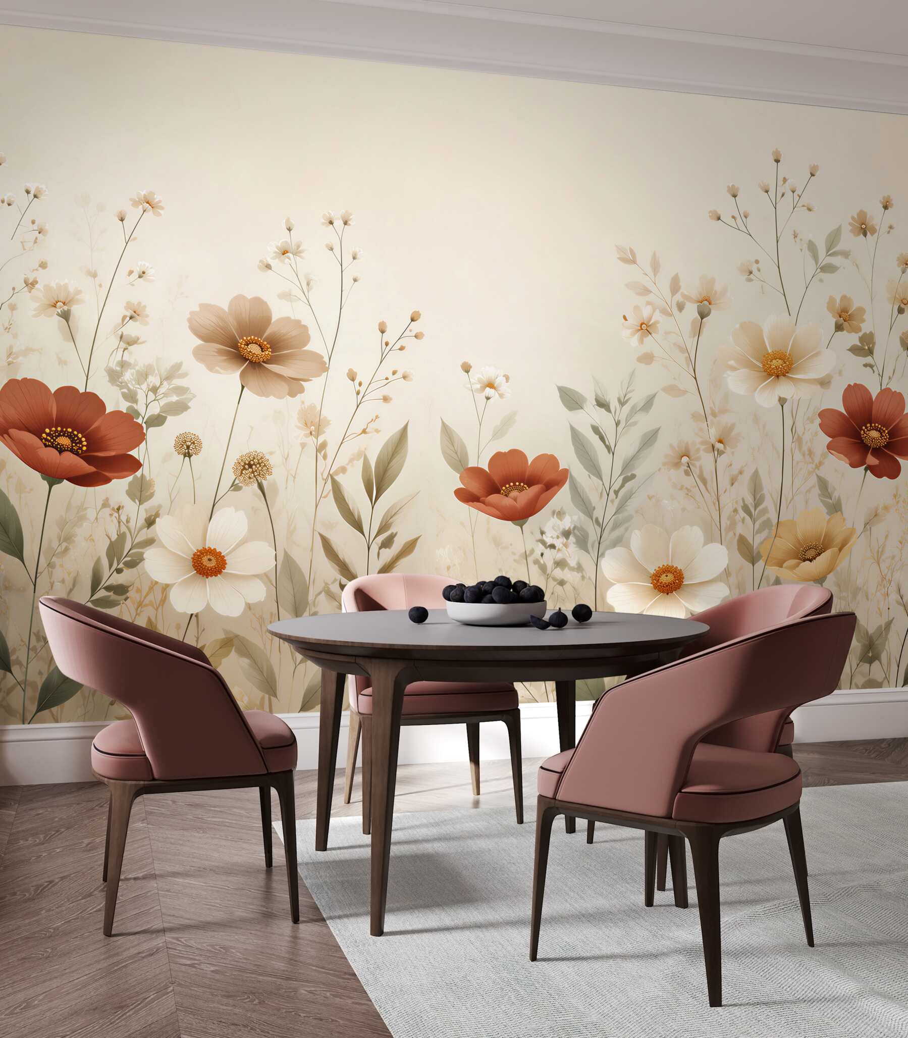 Fotobehang veldbloemen in beige en roest delicate weide