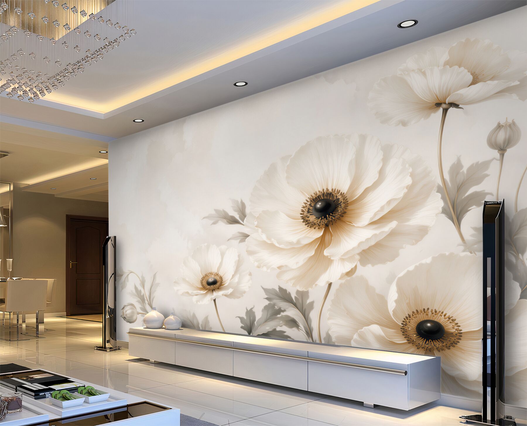 Fotobehang witte klaprozen op een lichte beige achtergrond elegant