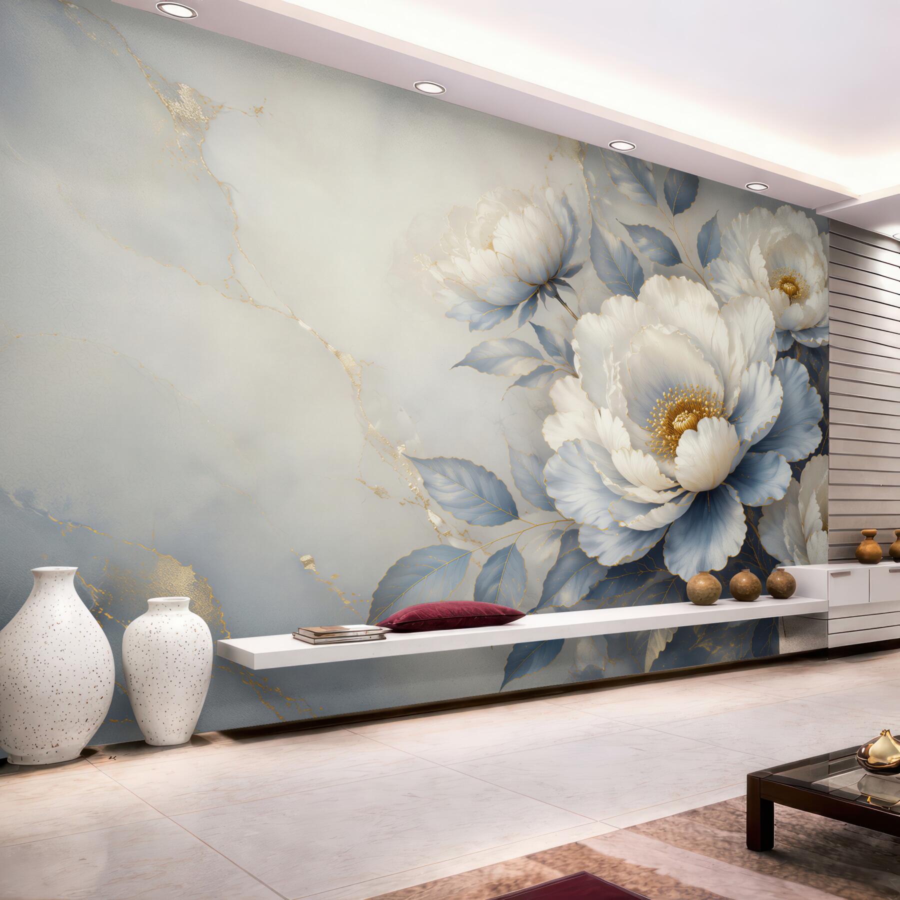 Fotobehang blauw-witte pioenen met elegante gouden accenten