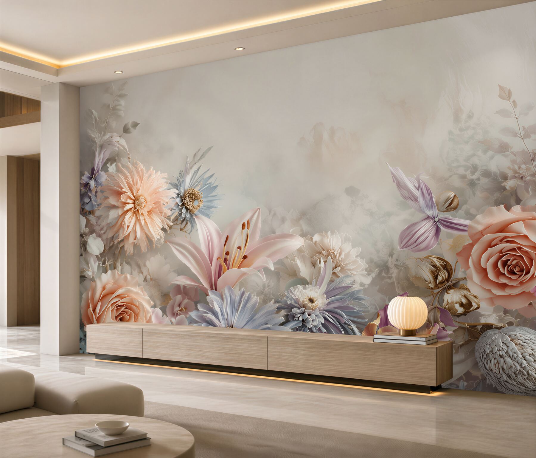 Fotobehang pastel lelies, rozen en dahlia's in romantische stijl