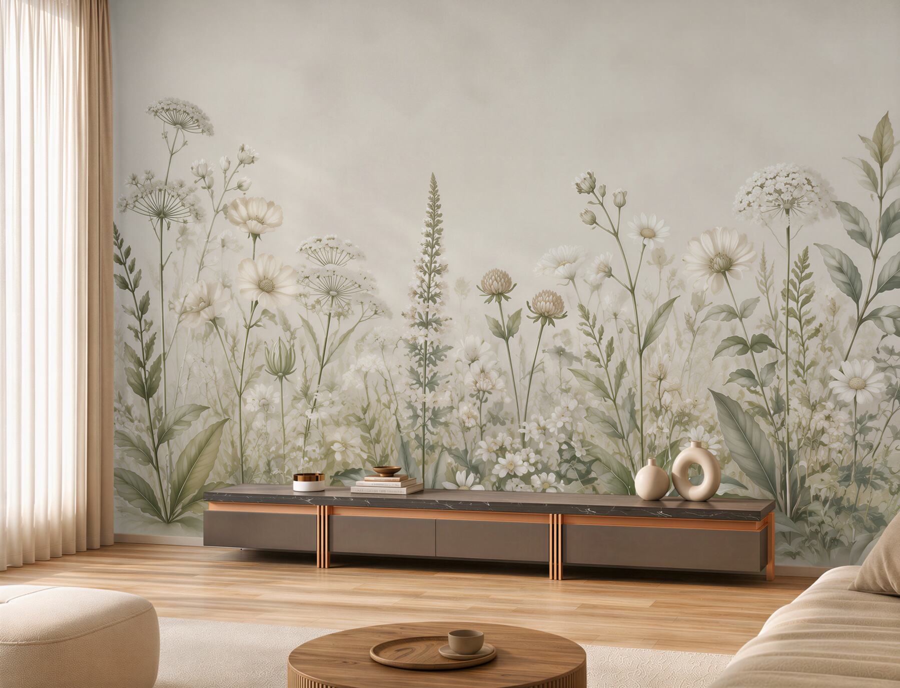 Fotobehang witte bloemen op beige achtergrond minimalistisch